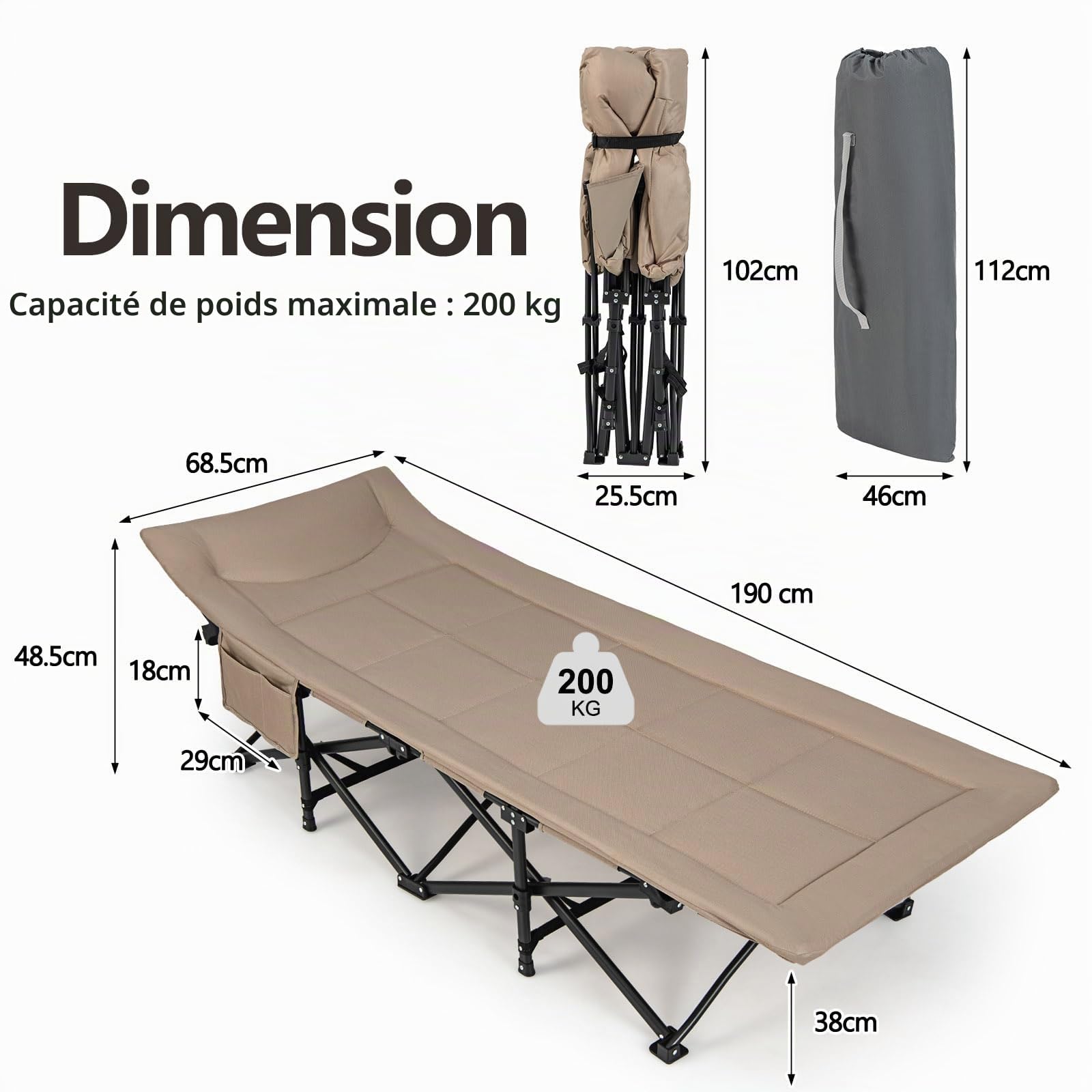 KOMFOTTEU Lit Camping Pliabe, Sac Transport, 190 x 68 x 48,5 cm, Kaki | Lit de Camp Cadre Métal, Tissu Oxford, Lit d’Extérieur pour 1 Personne XL, antidérapant, Capacité de Charge de 200 kg