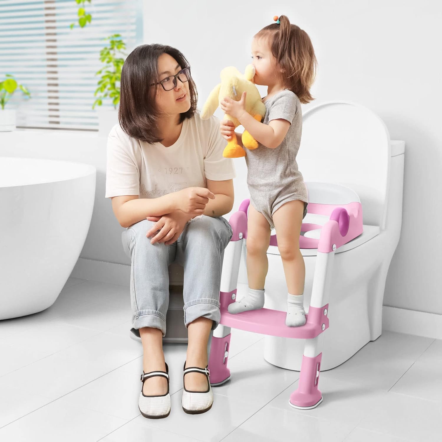 Potty Training Seat with Step Stool Ladder, Toddlers Potty Training Toilet for Kids Boys Girls (Pink White)