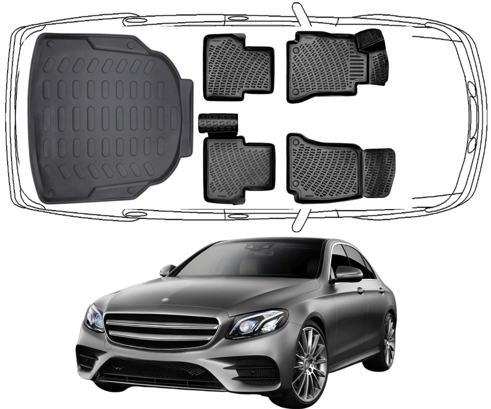 Rizline 3D Komplettset für Mercedes E Klasse W213 Limousine 2016-2023 | **Nicht für umklappbare Rücksitze und X213**, Fussmatten & Kofferraumwanne aus TPE Gummi, Gummimatten & Kofferraummatte