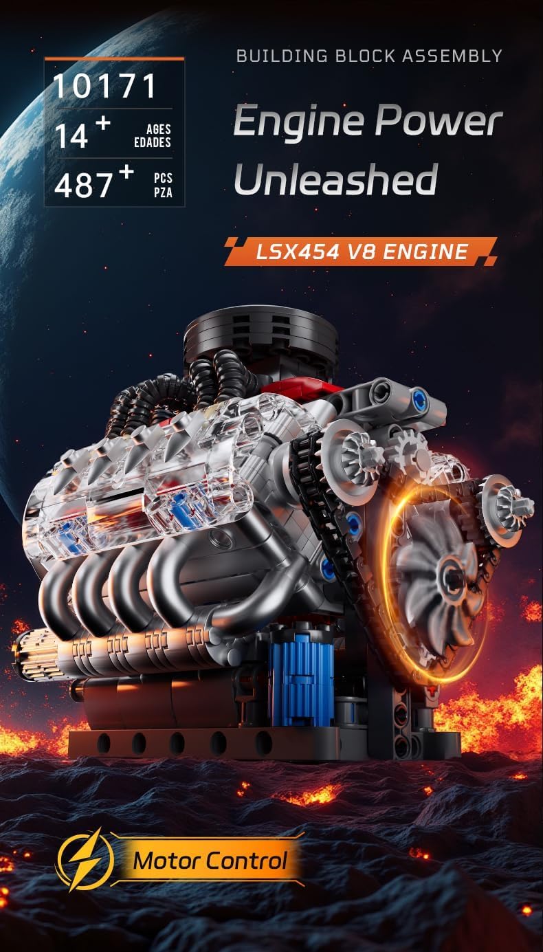 Sosuy V8 Engine Building-Blocks Sets, Working Motor Model, 487+PCS Mechanic Display Home Set for Collection Fans, STEM Cars Toys for Boys, Birthday Gitf for 8+ Kids Adults Men Girls