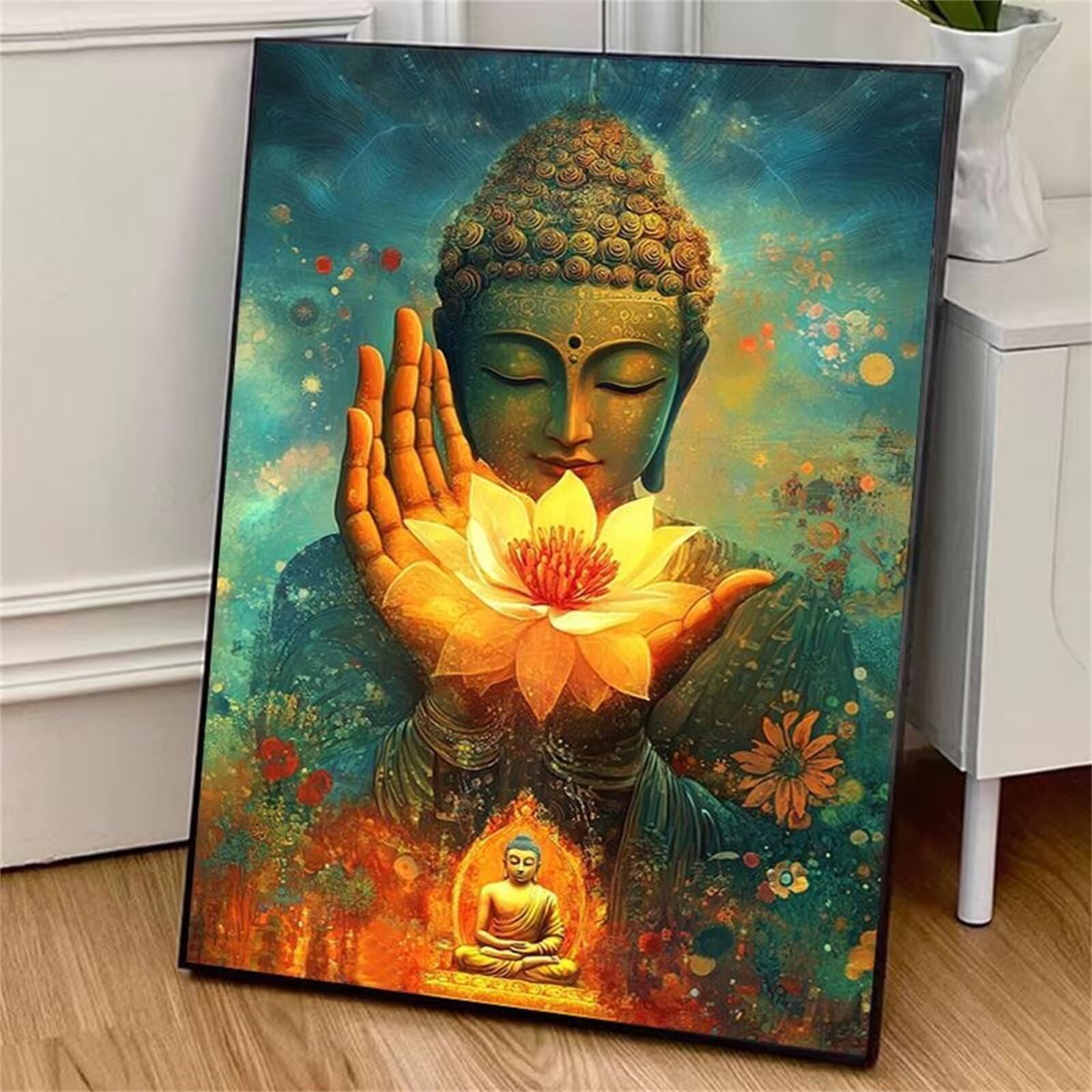 Maluj według numerów dorośli dzieci lotos z ramką 80x120 cm, DIY DIY dzieci i początkujący, zestaw do malowania według numerów dla dorosłych płótno z 3 pędzlami i akrylem, prezent urodzinowy religia