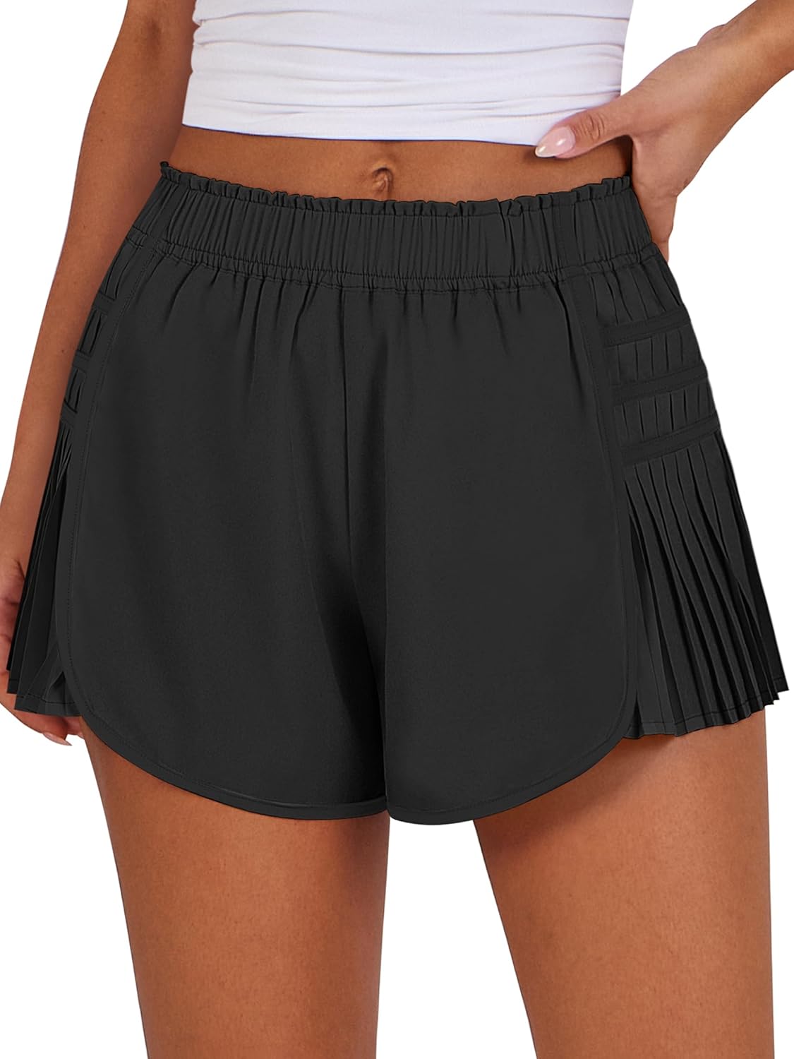 Caracilia Women Running Shorts Flowy Pleated Athletic Shorts Summer High Waisted Tennis Sporty Workout Gym Shorts