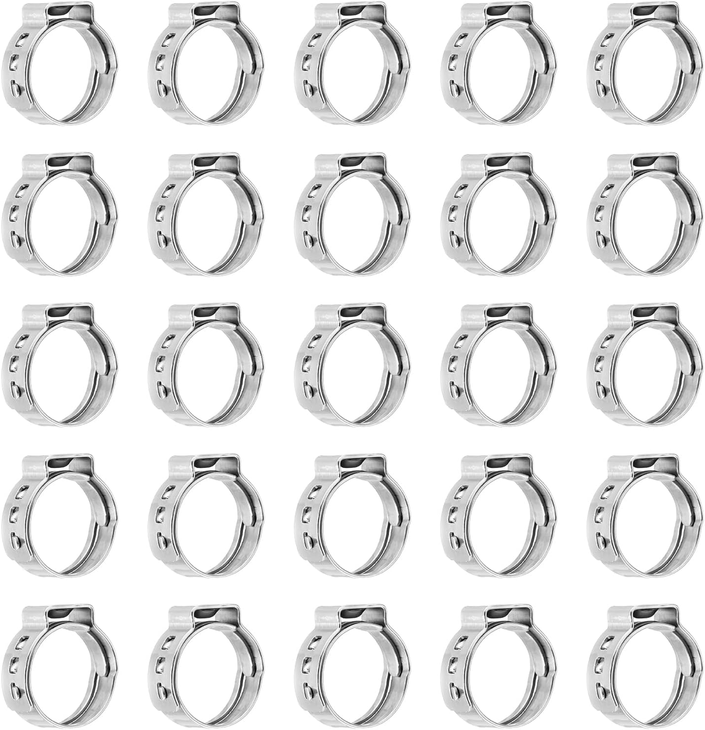 25Pcs Single Ear Clamp 13.9-15.8mm 304 Stainless Steel Polished No Notches for Automotive Pipe Connections Wiring Appliances and Pipes, Silver