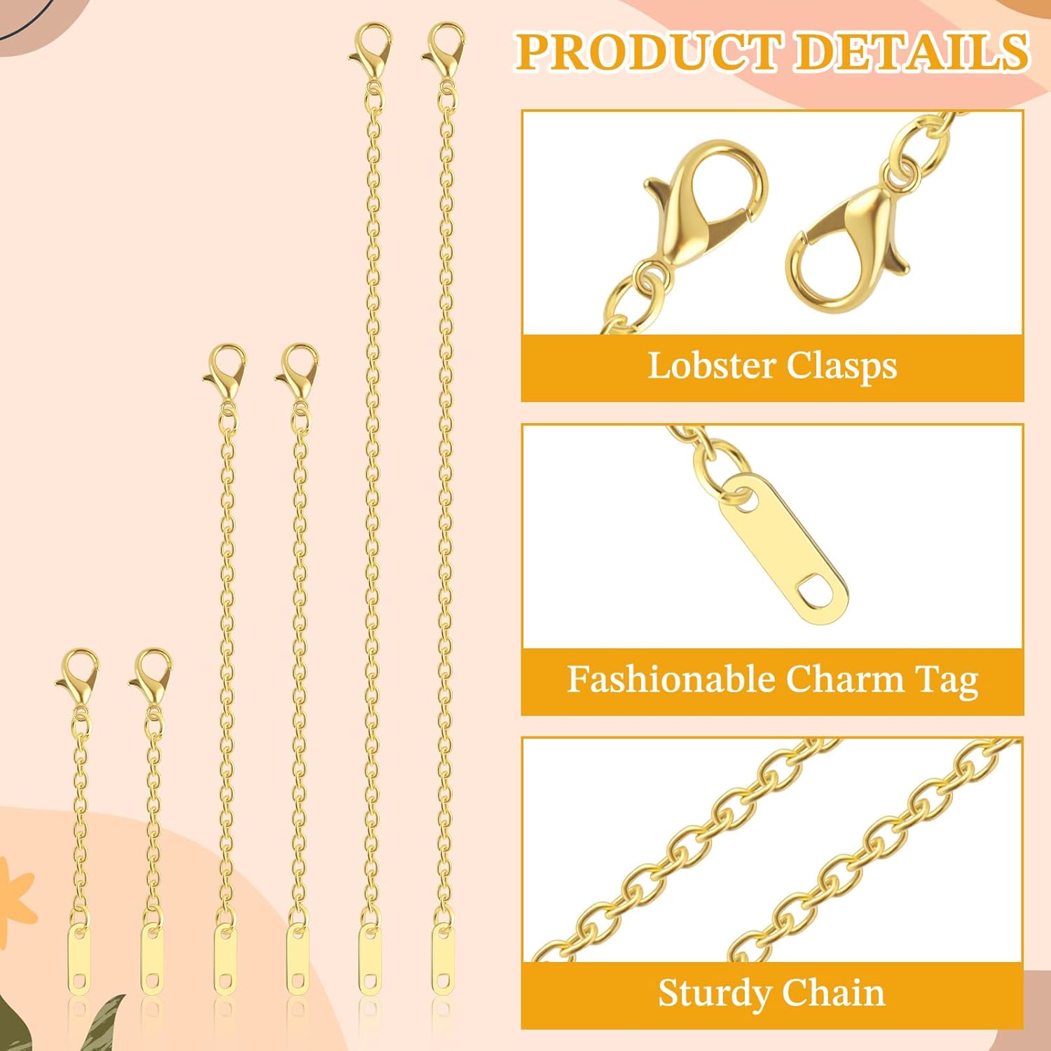 6pcs Necklace Extenders for Women, 2" 4" 6" Jewelry Chain Extension Set Hypoallergenic Bracelet Chain Extenders Extension Chains for Jewelry Making Necklace Bracelet Anklet(Gold) - Image 4