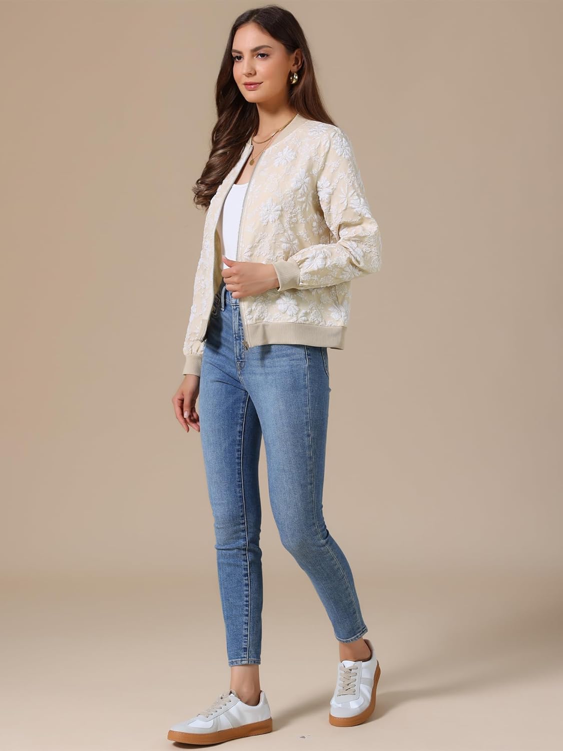 Allegra K Floral Bomber Jacket for Women Casual Zip Up Coats Spring Lightweight Windbreaker Outwear - Image 3