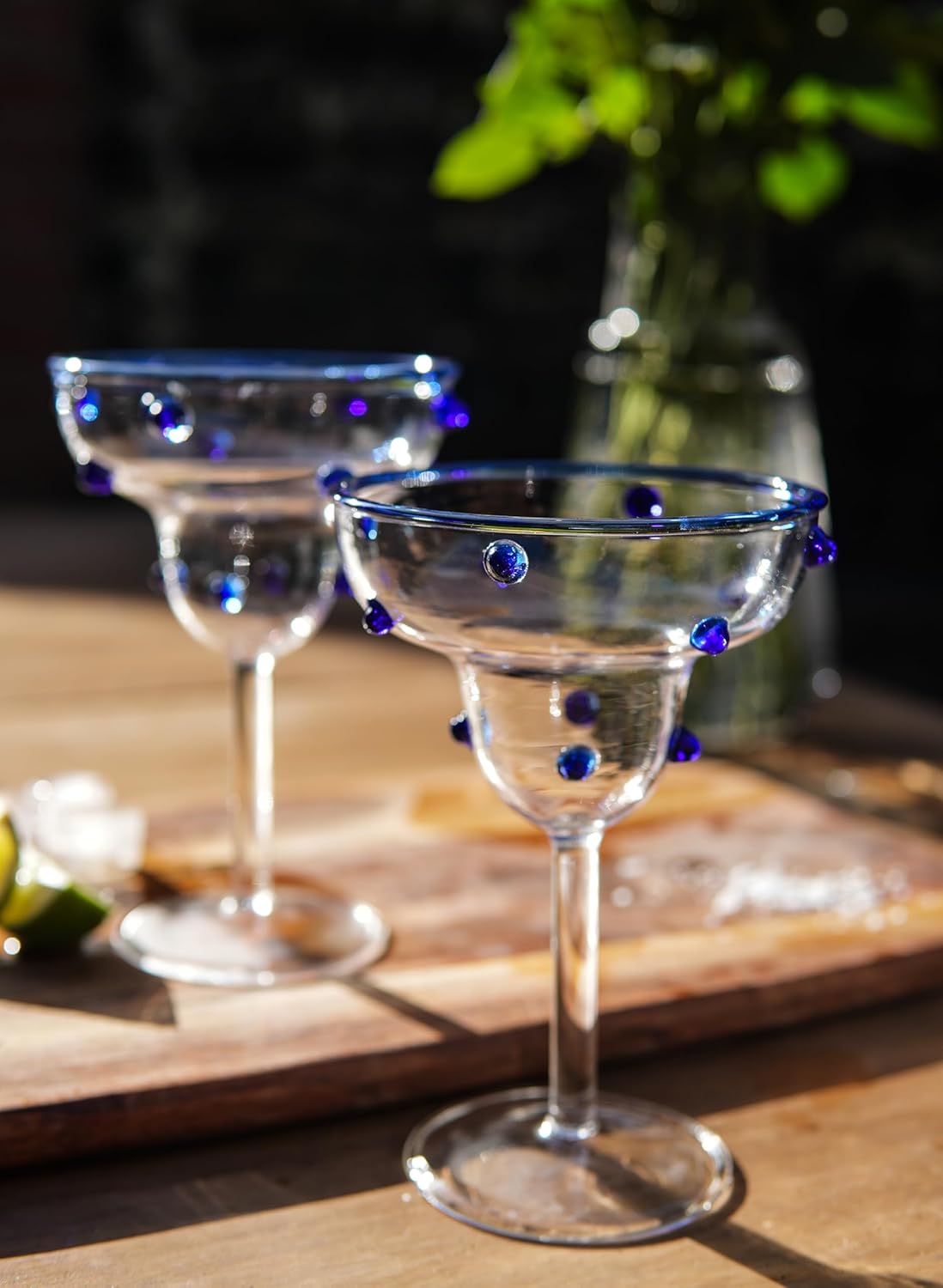 Gökotta Handblown Margarita Glasses Set of 2 | 10oz Blue Polka Dot Borosilicate Cocktail Glasses | Lead-Free Dishwasher Safe Artisan Glassware for Martini, Mezcal, Tequila