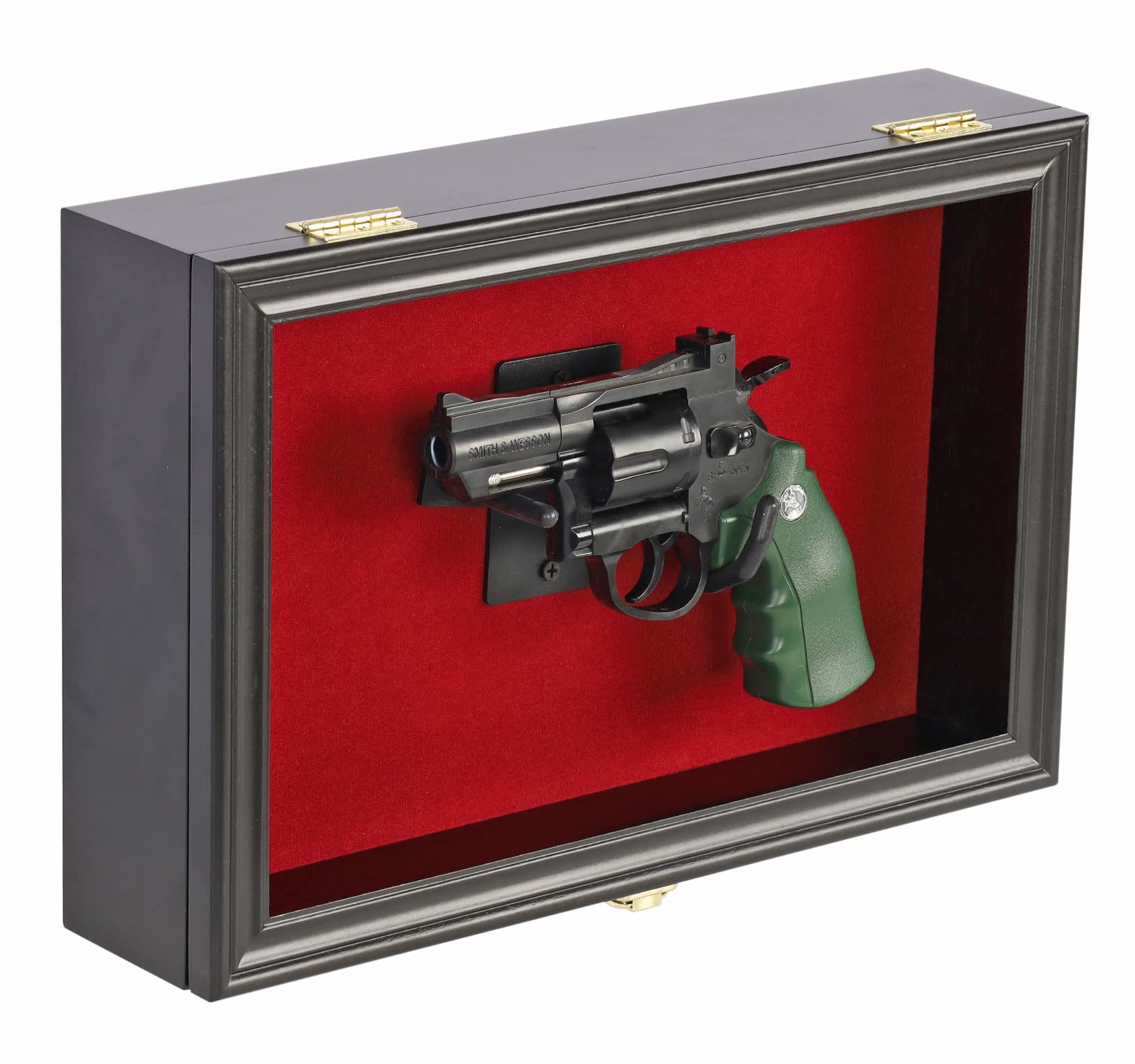 Single Handgun Pistol Revolver Gun Display Case Wall Mount Lockable Red Felt Wood Cabinet w/ 98% UV Protection Acrylic Door Gun Shadow Box Stand Rack Holder