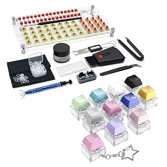 YIMAGUJRX Colorful 10 Pcs Keyboard Fidget Toy,Keyboard Fidget Keychain,Keyboard Button Clicker, Finger Clicker Toys,32 Switches Acrylic Lube Station,Switch Lube Tool 12Pcs