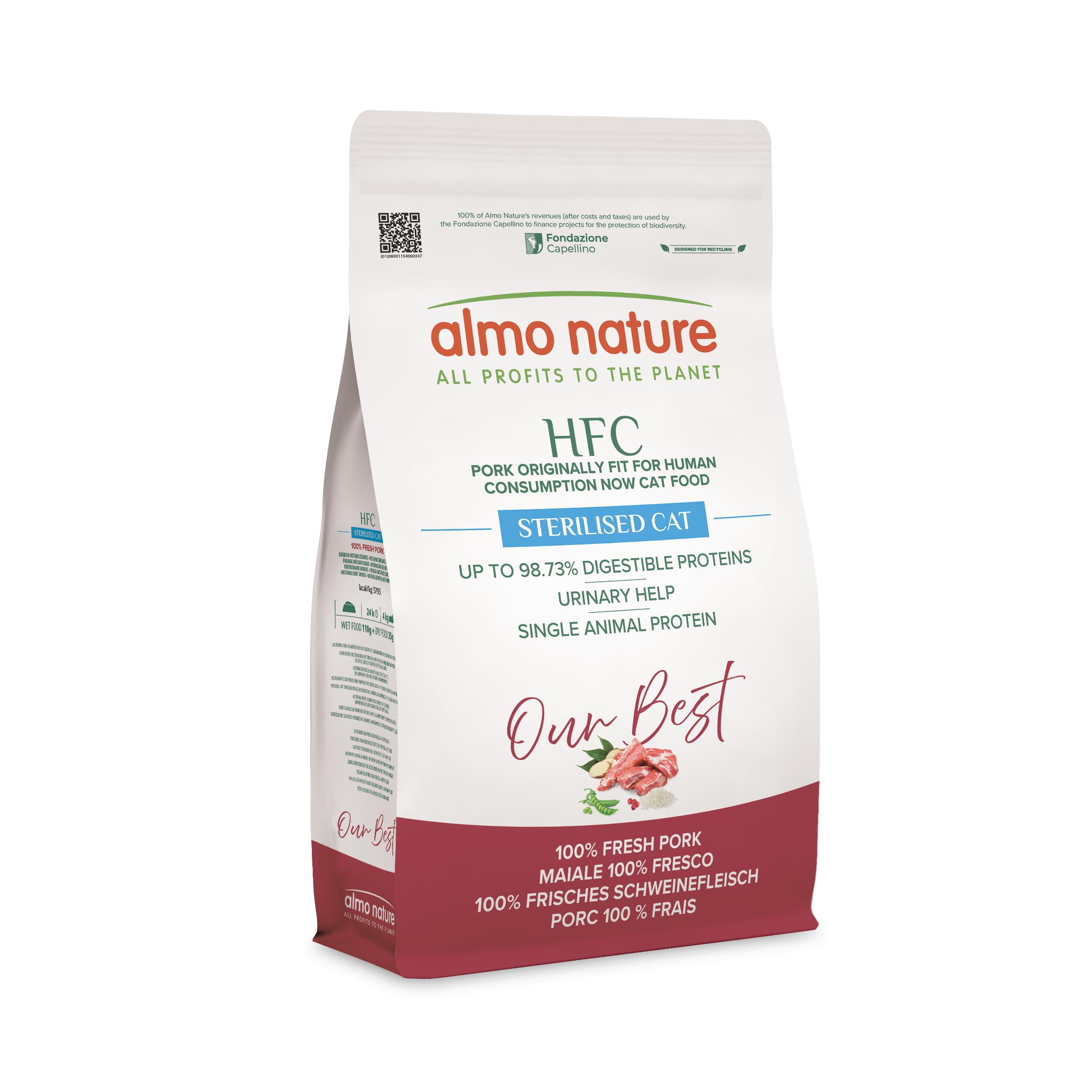 Almo Nature HFC Our Best Sterilised - Dry Food for Adult Cats - Fresh Pork, Monoprotein - Human Grade, Gluten Free, for Weight Control - 1.2kg