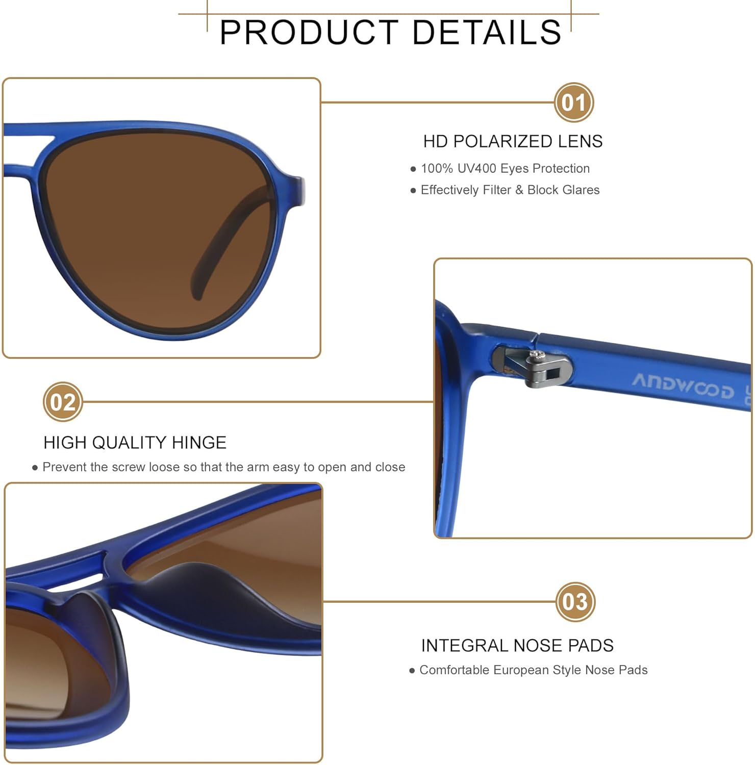 ANDWOOD Retro Polarized Aviator Sunglasses for Women Men Classic 70s Vintage Trendy Square Aviators - Image 3