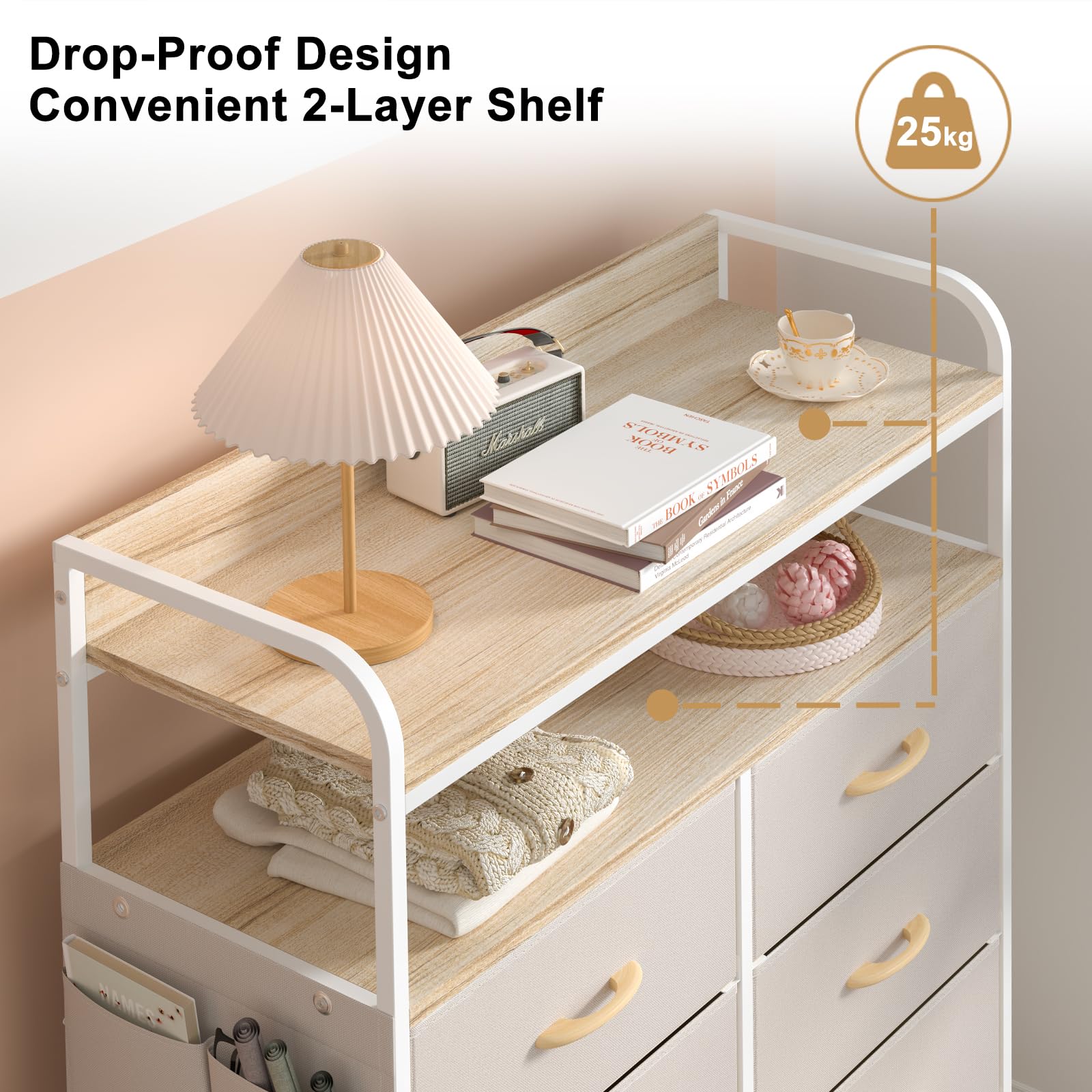 Cassettiera in Tessuto, Cassettiera per Camera da Letto, 8 Cassetti in Tessuto, 4 Tasche Laterali, Credenza con Doppio Ripiano in Legno per Soggiorno, Ingresso, Camera da Letto, Beige