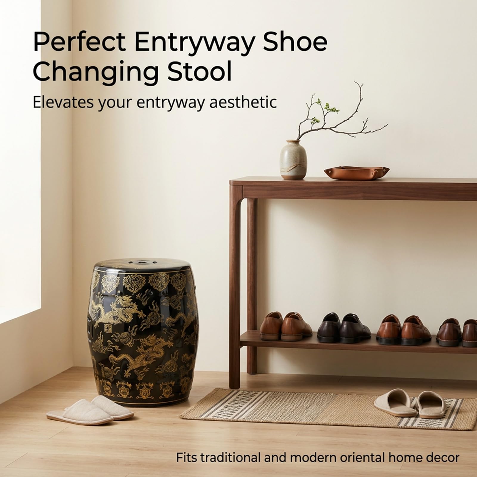 Ceramiczny stołek ogrodowy - stołek perkusyjny Chinoiserie w kolorze czarno-złotym, podnóżek z błyszczącej czarnej glazurowanej porcelany i stolik końcowy do salonu, patio