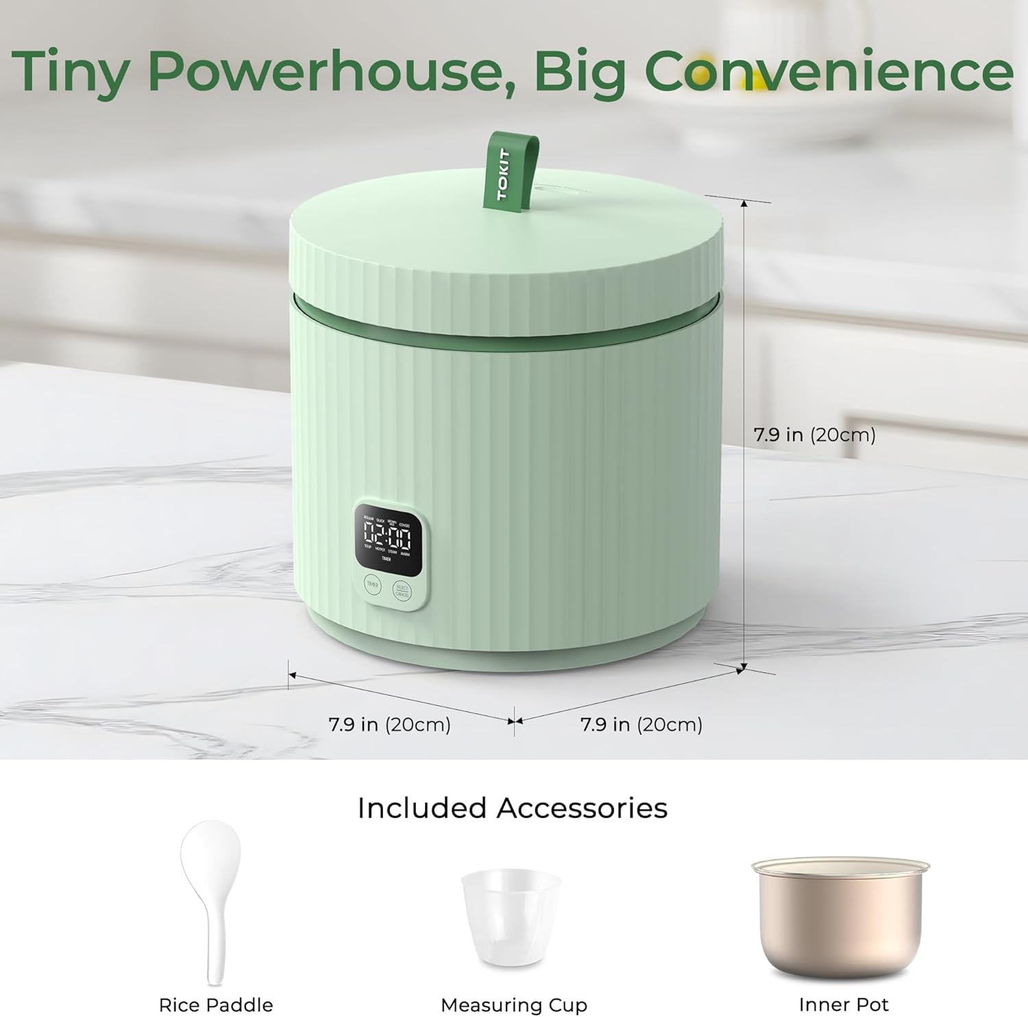 TOKIT Rice Cooker Small 3 Cup Uncooked /6 Cup Cooked, Modern Multifunctional Mini Rice Cooker with 24-H Timer & Warmer for 1-3 People Ceramic Coated Non-Stick Pot 8 Cook Functions, Avocado Green