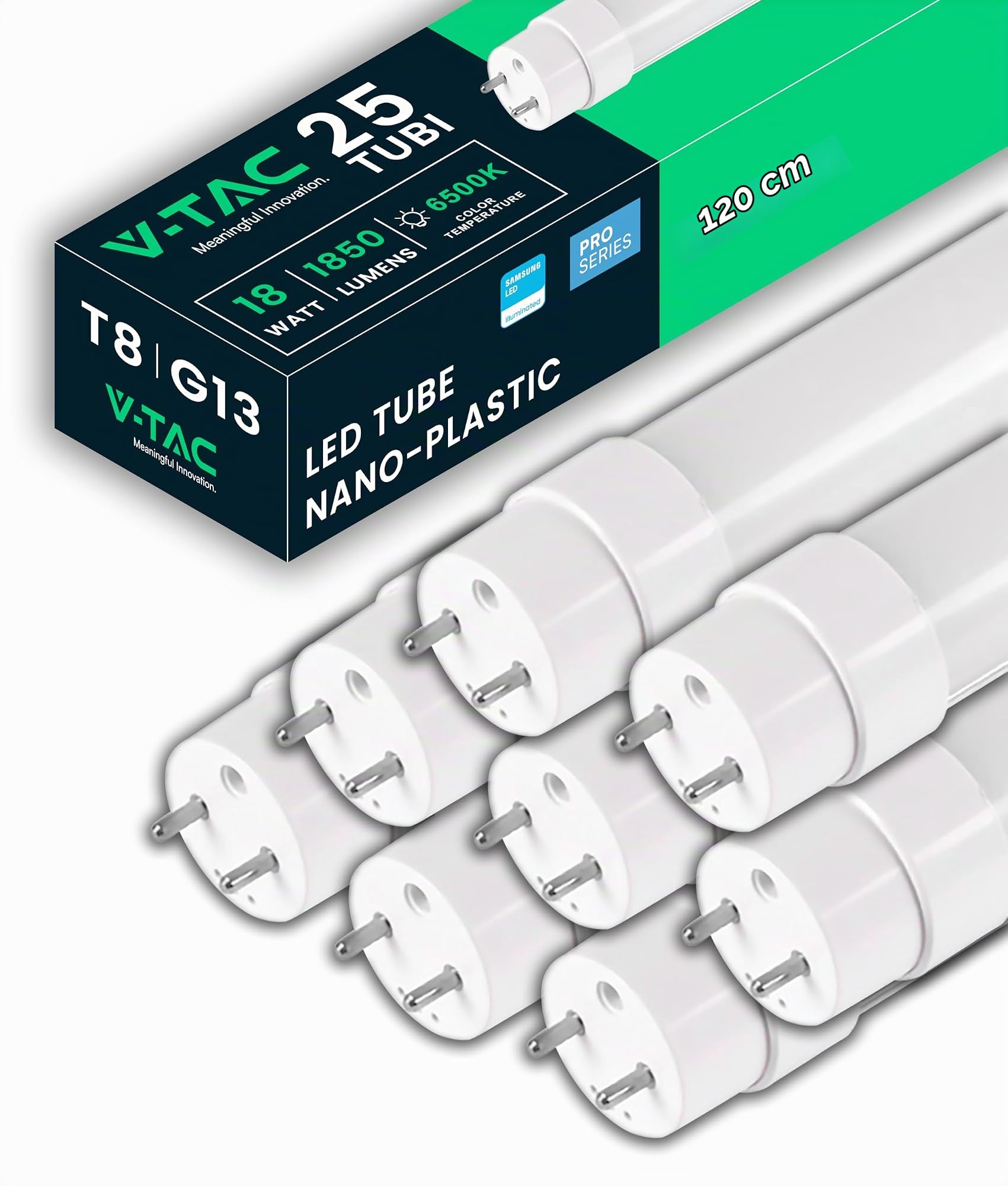 V-TAC 25 Tubi LED 120 CM con attacco G13-18W - 1850 Lumen - [ 25 PEZZI ] - Chip Samsung - Tubi LED per Soffitto, Parete, Garage, Negozio - Tubo forma T8 - Sostituzione Neon - Luce Fredda 6500K