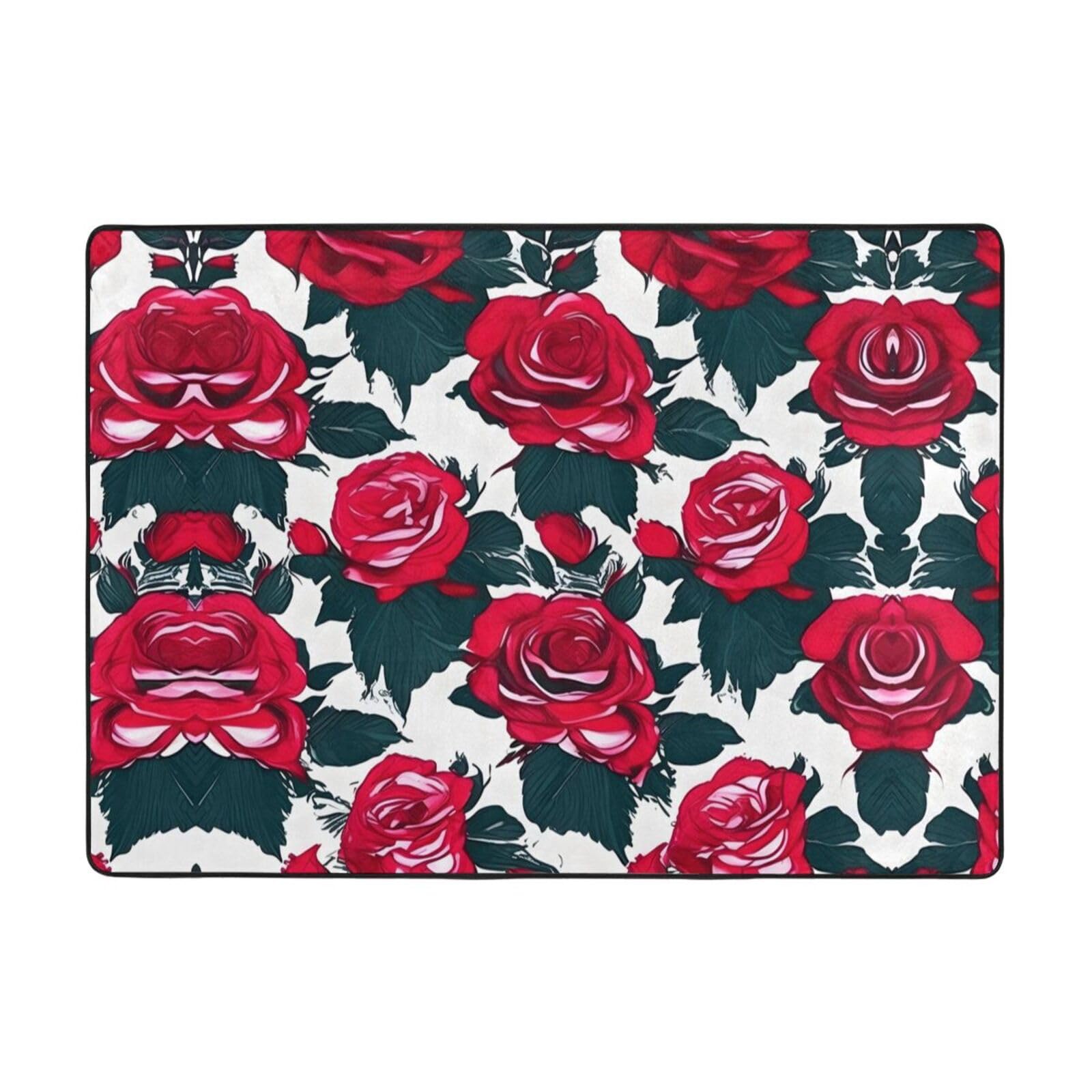 Tapis doux à imprimé floral de roses anti-décoloration grand tapis