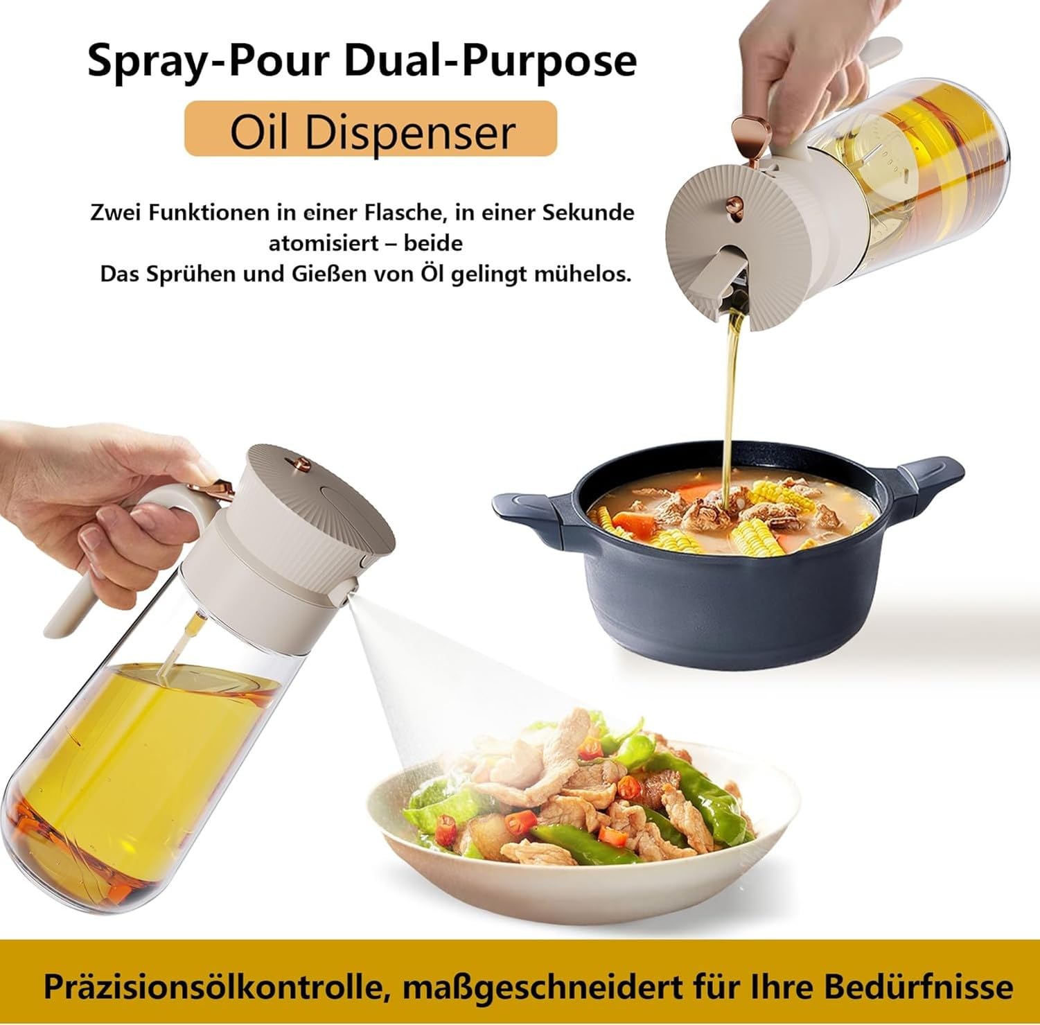 Ölsprayer für Kochen Sprühflasche Olivenöl Zerstäuberflasche aus Glas Feinstaub-Sprühkopf Küchenzubehör, Cremeweiß