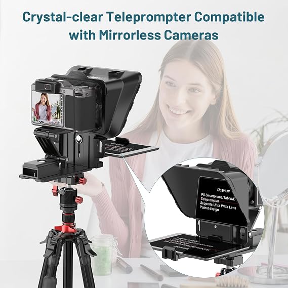 Desview P8 Teleprompter for Smartphone iPad Tablet DSLR Camera up to 10 Inches Prompter with Remote Control and App iOS/Android - Ideal for Online Lessons Live Streams & Vlogging