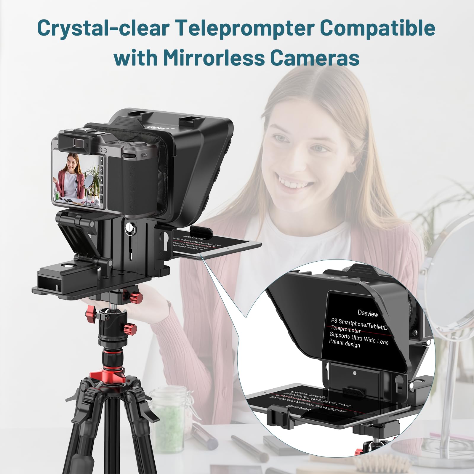 Desview Téléprompteur P8 pour smartphone, iPad, tablette, appareil photo, prompteur avec télécommande et application, sac de transport - Idéal pour l'enseignement en ligne, les flux en direct et le