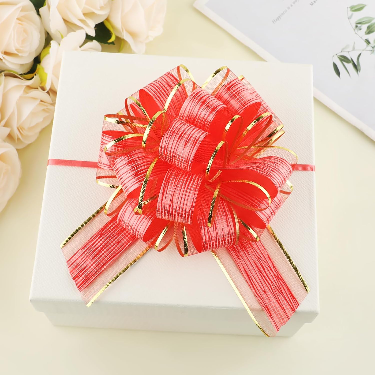 50Pcs 6 Inch Large Pull Bow Gift Wrapping Bows, Gold Ribbon Bow for Gift Wrapping, Wedding, Christmas, Valentine's Day Present Decoration Bow(Red)