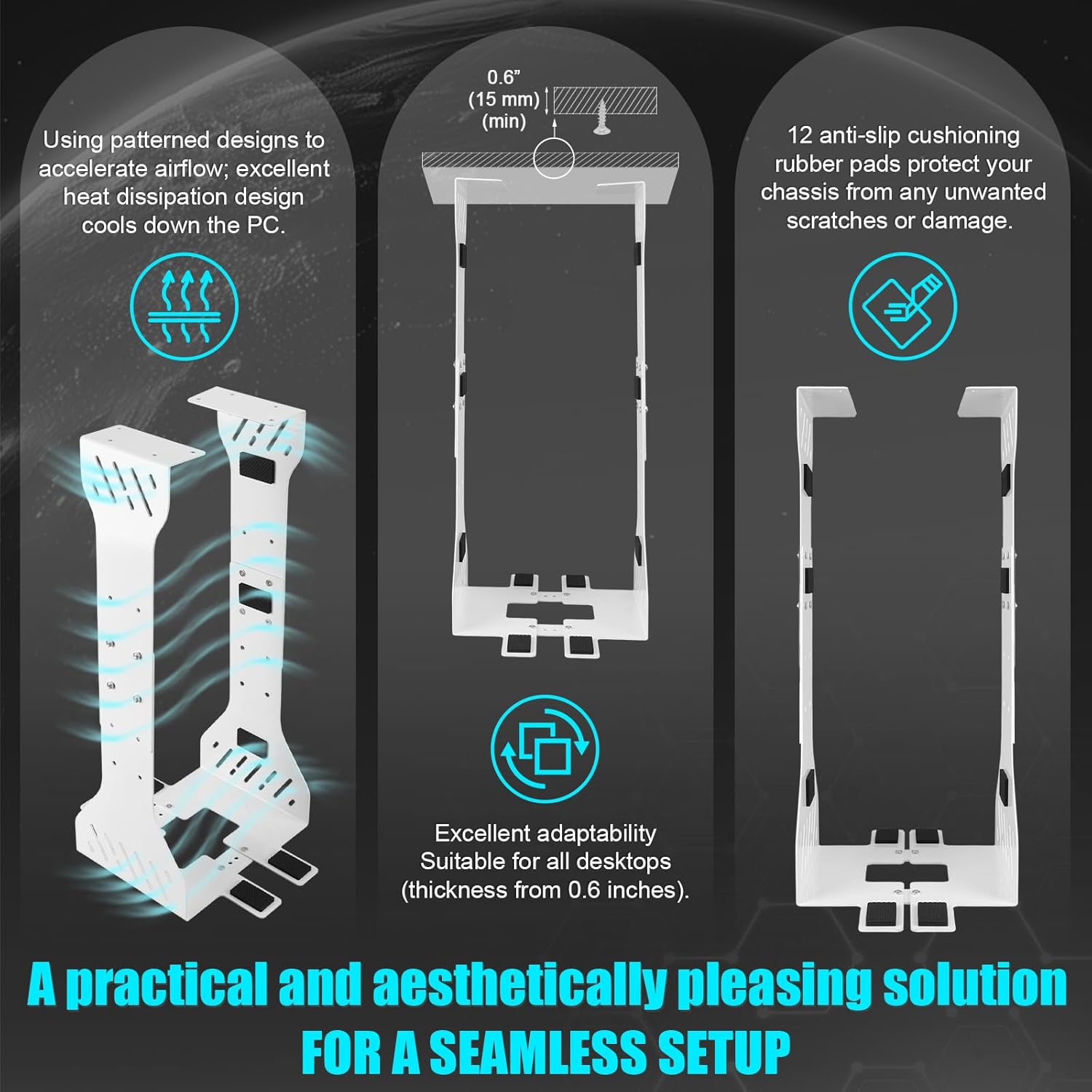 Heavy Duty Adjustable Under Desk PC Holder 7.5 to 12 Inch Wide, Supports up to 80 Lbs Load Capacity, Under Desk PC Mount, Wall Mount Space Saving Computer Case Tower Holder-White