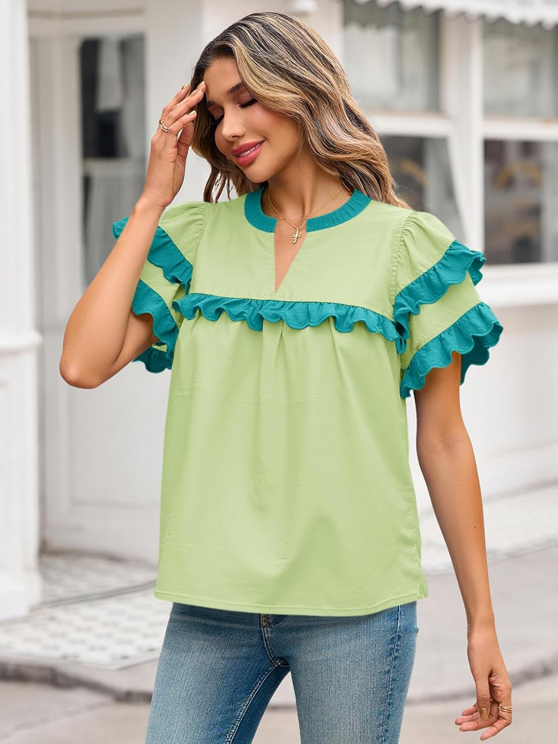 Tankaneo Womens Ruffle Sleeve Babydoll Tops Color Block Summer V Neck Pleated Blouse Dressy Casual Loose Fit Shirts - Image 2