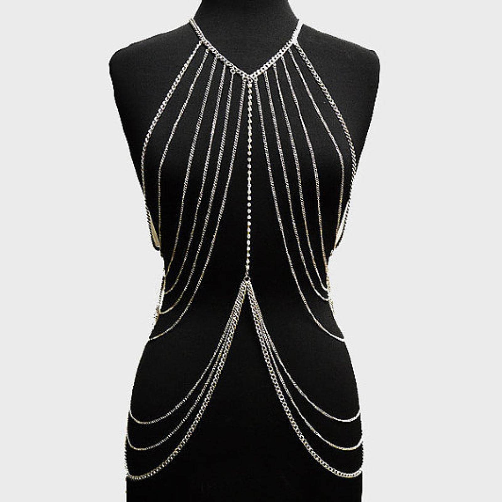KLXSIVU Body Chains Multi Layer Female Chain Harness Shiny Sexy Belly Accessories Gold Color Women Waist Jewelry (goldcolor)