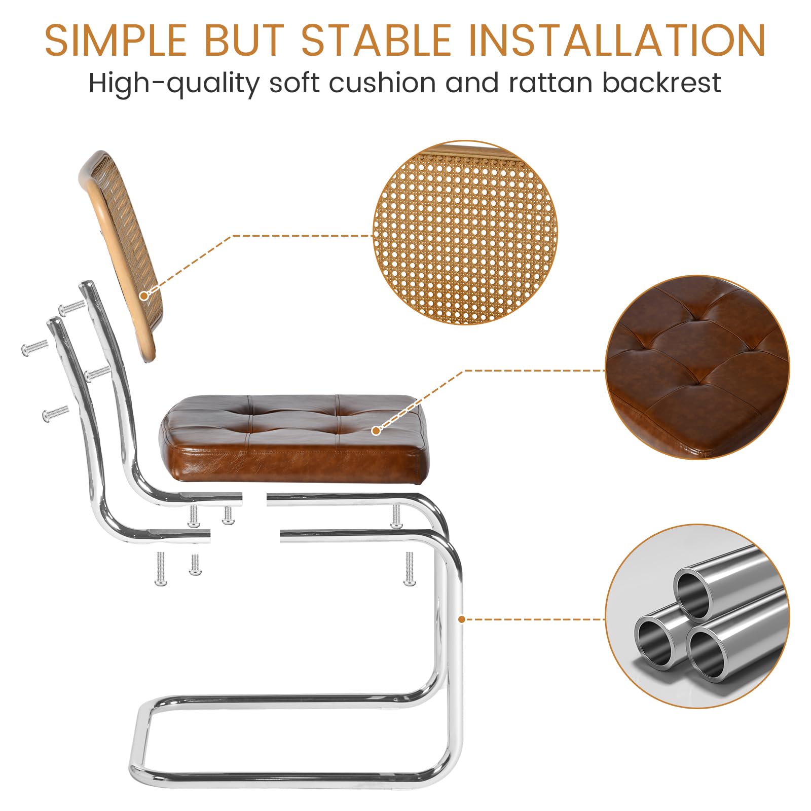 EGGREE 4er-Pack Rattan-Esszimmerstühle mit PU-Kissen und Galvanisierten Eisenbeinen für Konferenzräume, Büros, Esszimmer, R04-Braun