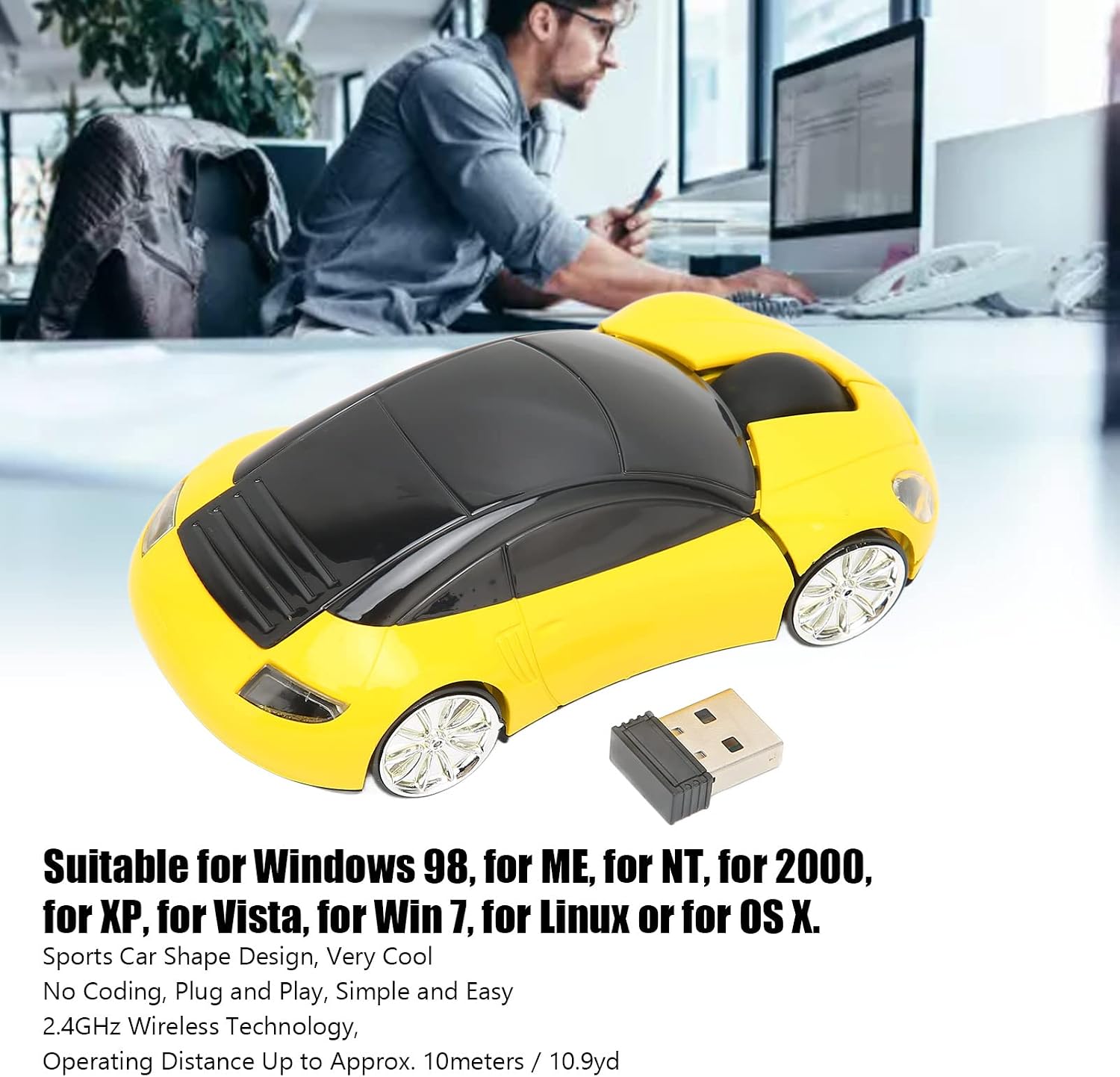 ASHATA Mouse, 2.4GHz Cool 3D Sport Car Shape Gaming with USB Receiver, Car Mouse for PC/Computer/Laptop(Yellow)