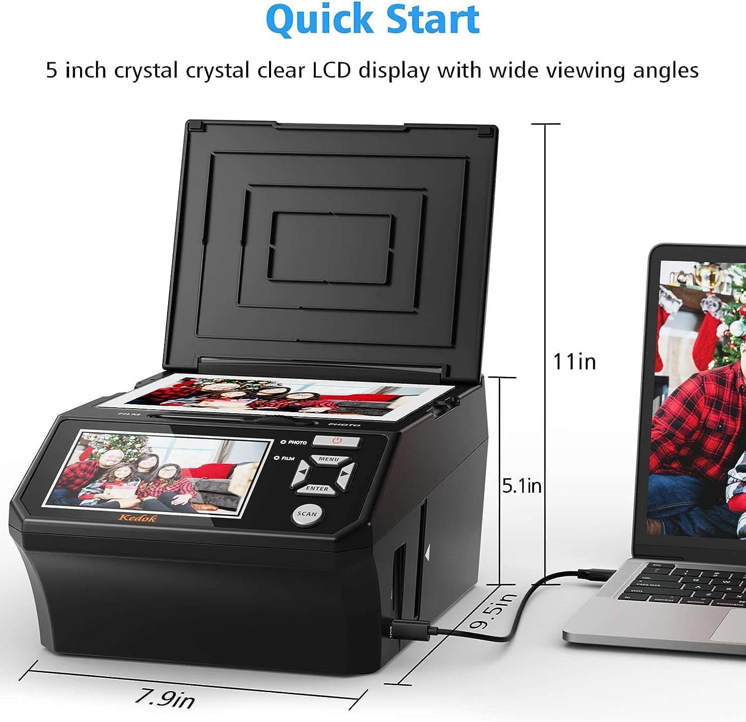 Scanner de Diapositives numérique 22 MP avec écran LCD 5 Pouces - Convertit Facilement des Films/Photos et Cartes de Visite 35 mm, 110 au Format JPEG, Carte mémoire de 8 Go Incluse