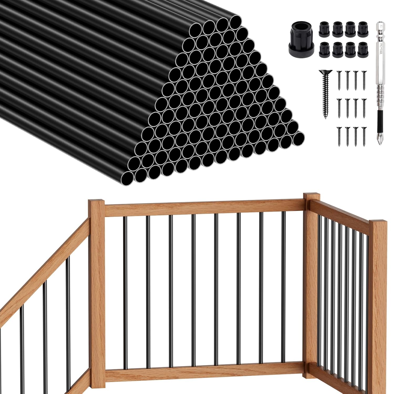 50 Pack Aluminum Deck Balusters, 32" x 3/4" Hollow Round Balusters for Deck Railing with Connectors/Screws, Black Metal Deck Spindles for Fencing Porch Stair Railing
