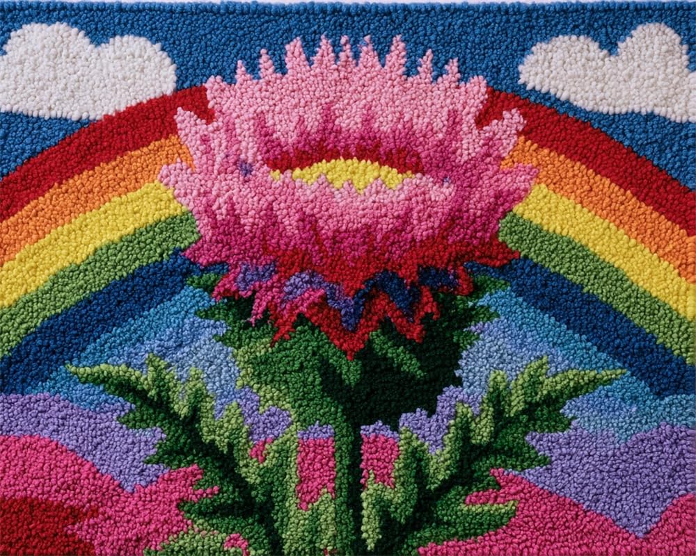FWRTYCB Latch Hook Rug Kit for Adults Thistle Flower Under a Rainbow