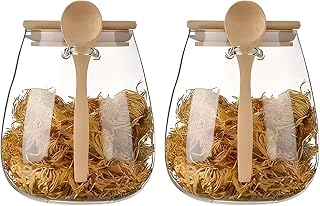 Airtight glass jar storage container with bamboo lid Set of 2, wide mouth, leak-proof, With a spoon, can be used for coffee beans, tea leaves, grains, dried fruits, etc (Large*2PCS)