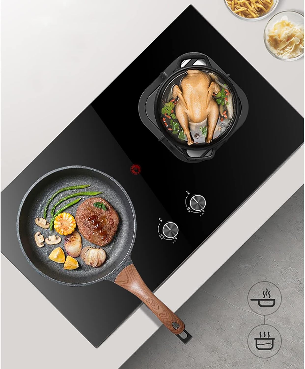 Mini Gas Stove Gas hob Built-in Gas Stove 2 Burner Kitchen Cooking Accessories Explosion-Proof Black Crystal Panel Red Dot Anti-scalding Reminder with FFD and Cast Iron Pan Supports