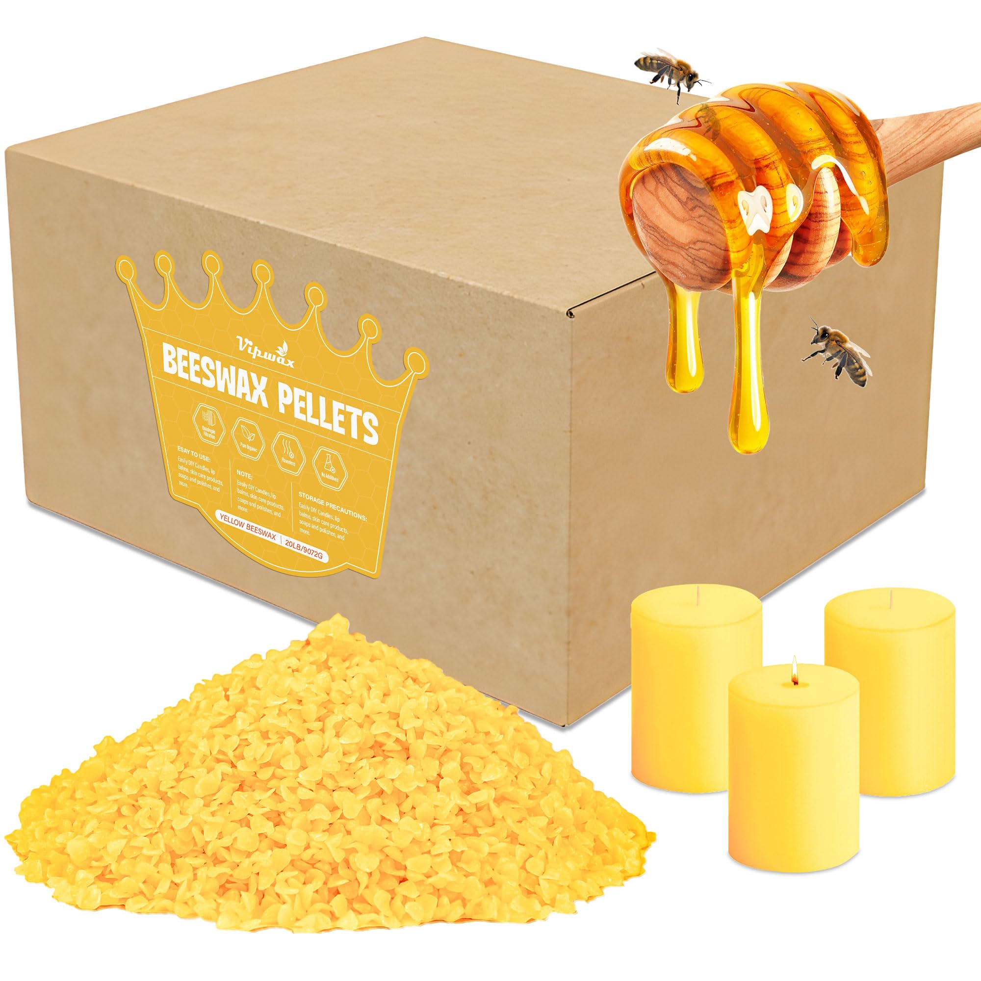 VIPwax Yellow Beeswax Pellets 20LB, 100% Organic Beeswax, Beeswax for Candle Making, Body, Skin Care DIY, Lip Balm and Soap Making Supplies (9070g)