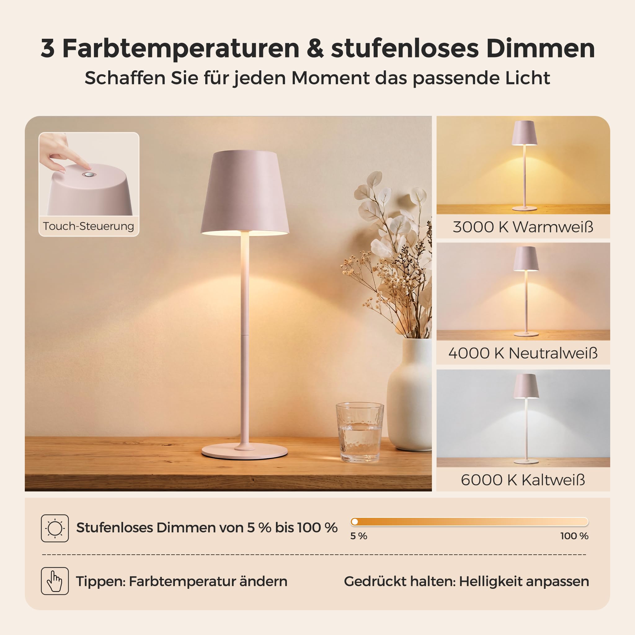 LED Tischlampe Kabellos 2er Set, Tischleuchte für Outdoor Indoor | Akku Nachttischlampe Touch, Stilllicht, 3 Farbmodi & Stufenlos Touchdimmbar, 2 Höhen, Vollmetall, IP54, 5300 mAh, Rosa-Beige