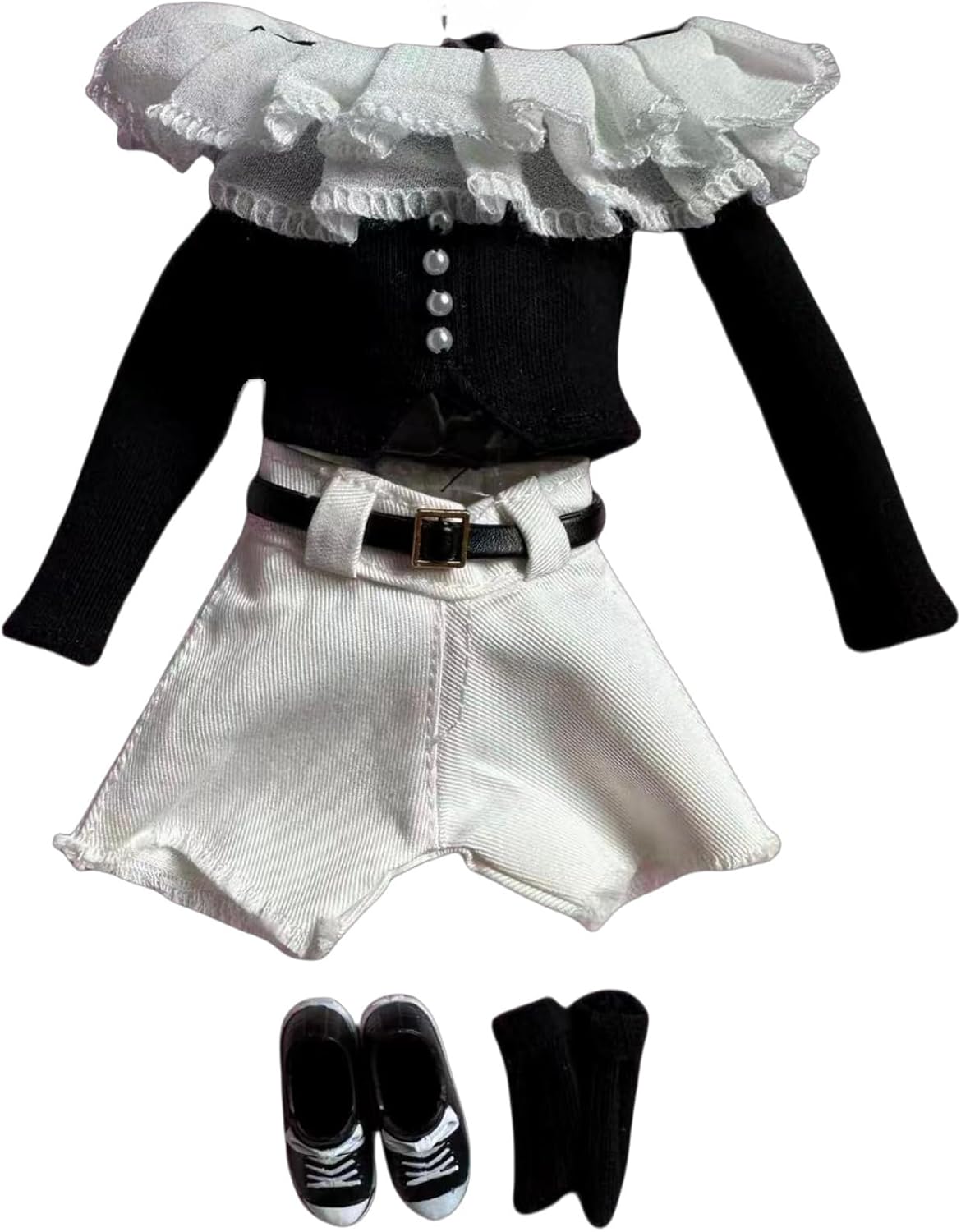 Fashion Doll Clothes Set, Black Long Sleeve Top with White Shorts, Shoes and Accessories, Compatible with 11.5-12 Inch Dolls, 1/6 BJD