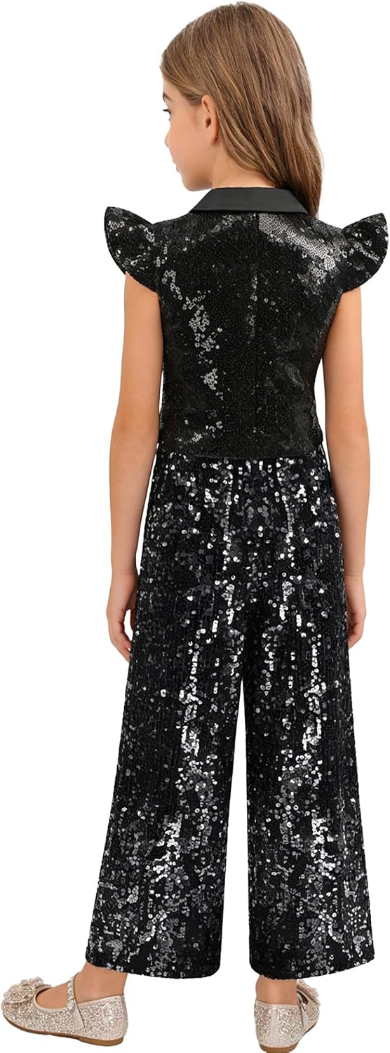 Sywiyi 2pcs Girls Dance Outfits Cropped Sequin Top Pants Set Kids Hip Hop Dance Costumes for Dress Up Party Y Black 12 Years