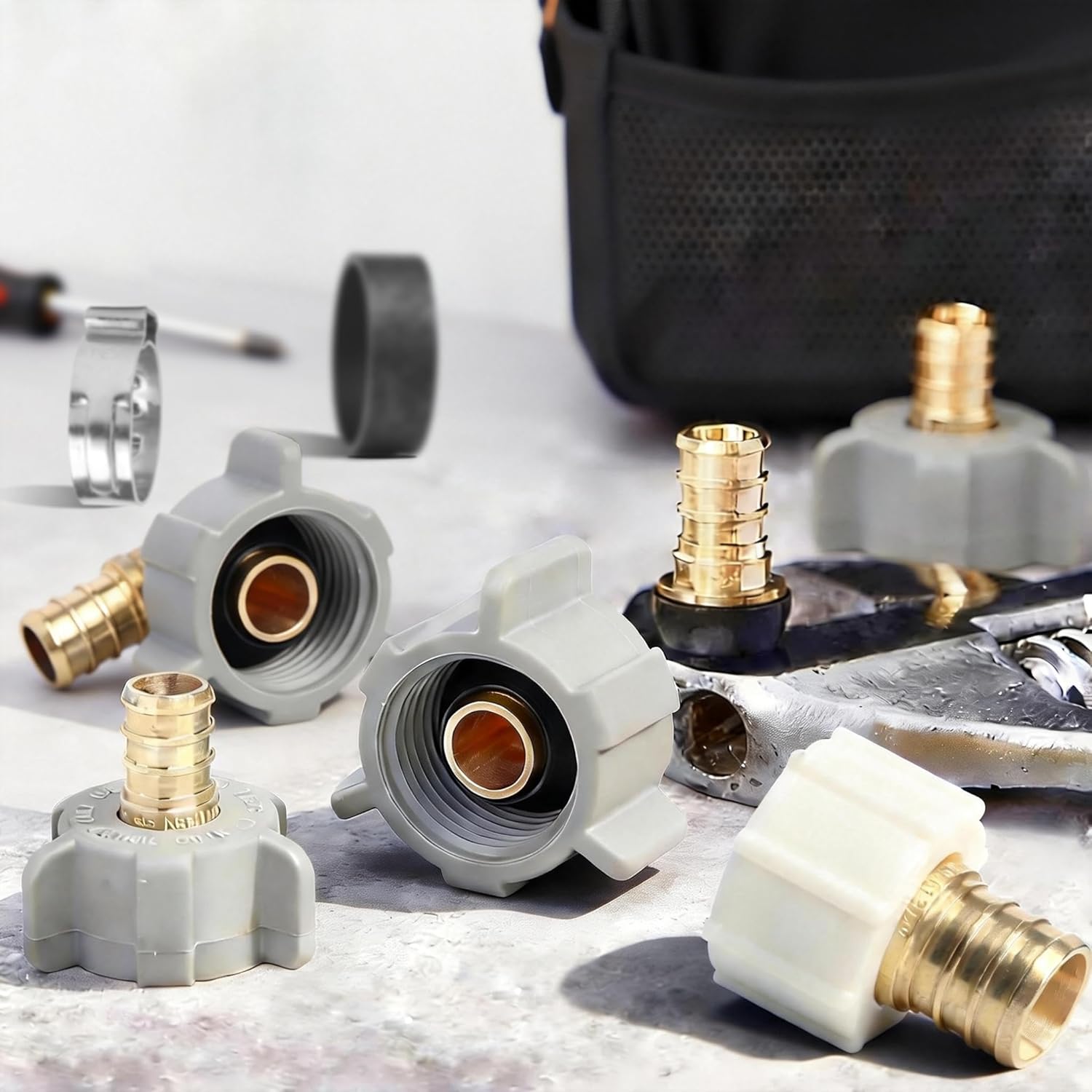 WiseWater 4pcs PEX Fittings 1/2" x 1/2" FNPT Swivel Adapter Kit for Drinking Water, Lead-Free DZR Brass Fittings with Copper Crimp Rings & Clamps for RV, Under-Sink, and Home Plumbing Repairs
