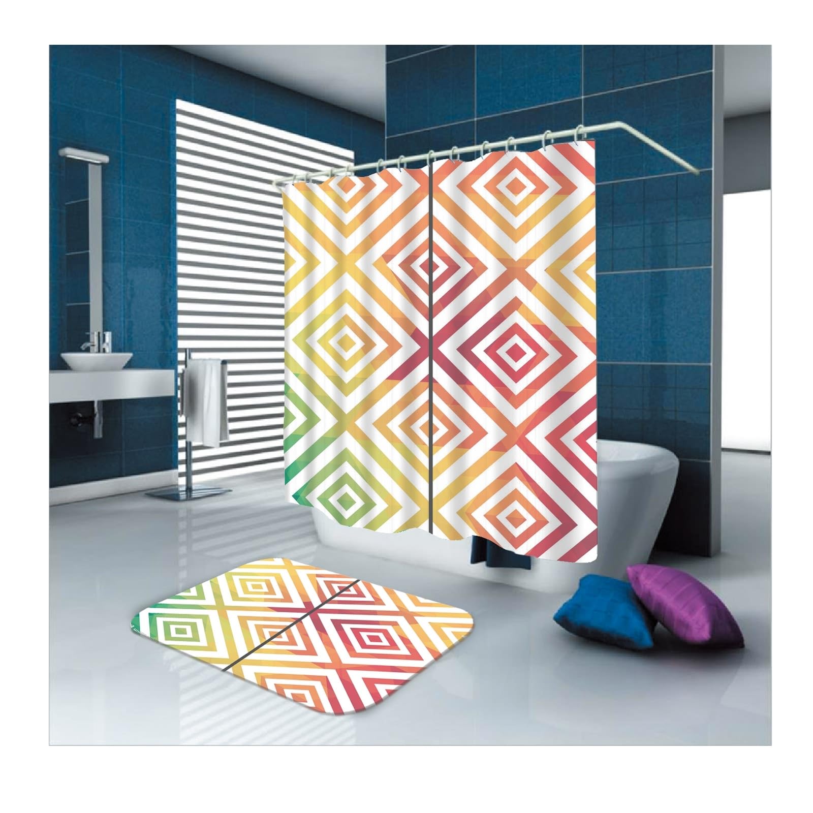 Rideau de douche multicolore 165x180 cm en textile imperméable lavable avec anneaux