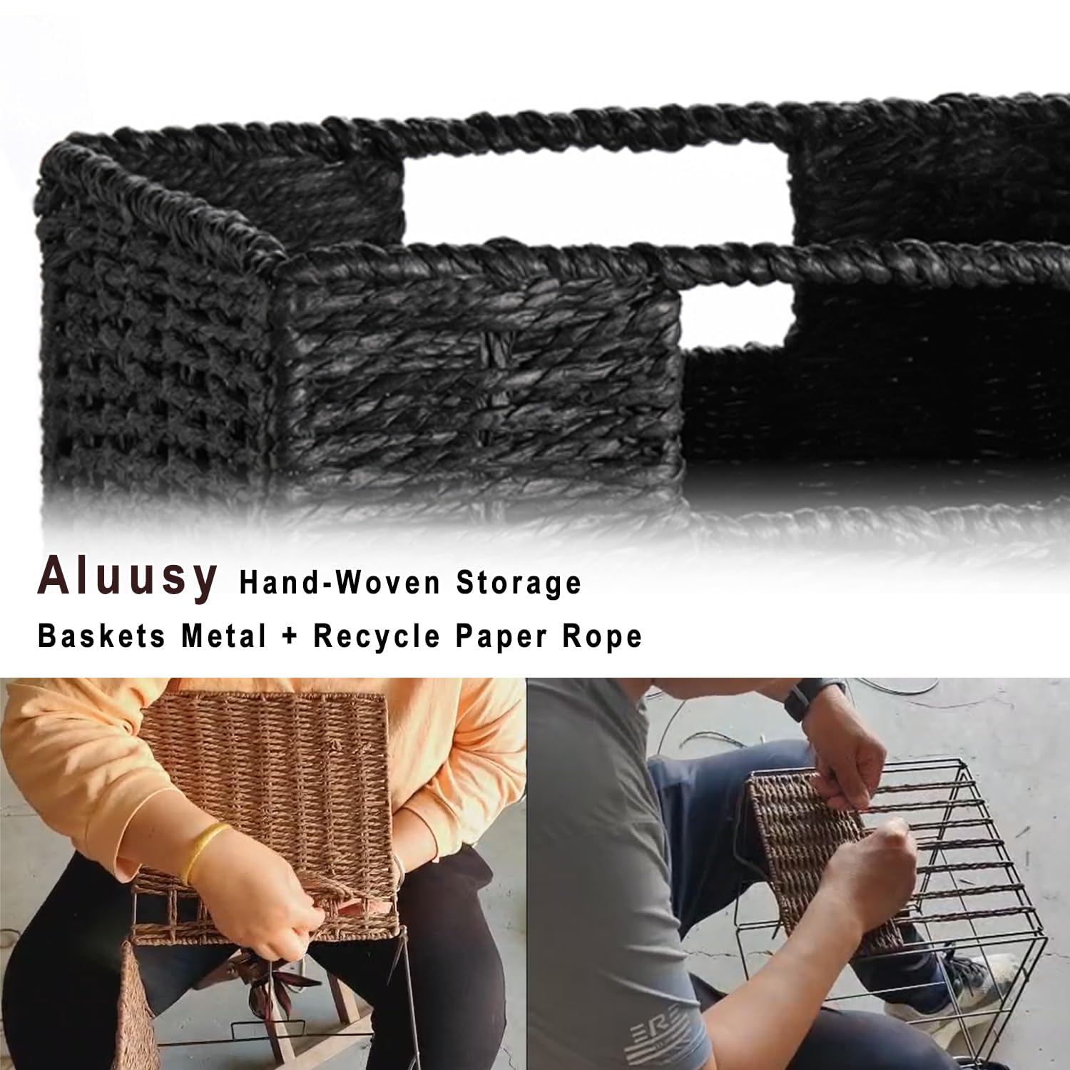 Korb Aufbewahrung Geflochten 2er Set Handgewebte Faltbar Aufbewahrungskörbe mit Griffen, 28x28x28cm Groß Flechtkorb für Bad, Regal, Küche, Schlafzimmer, Lernen, Wohnzimmer (Schwarz)