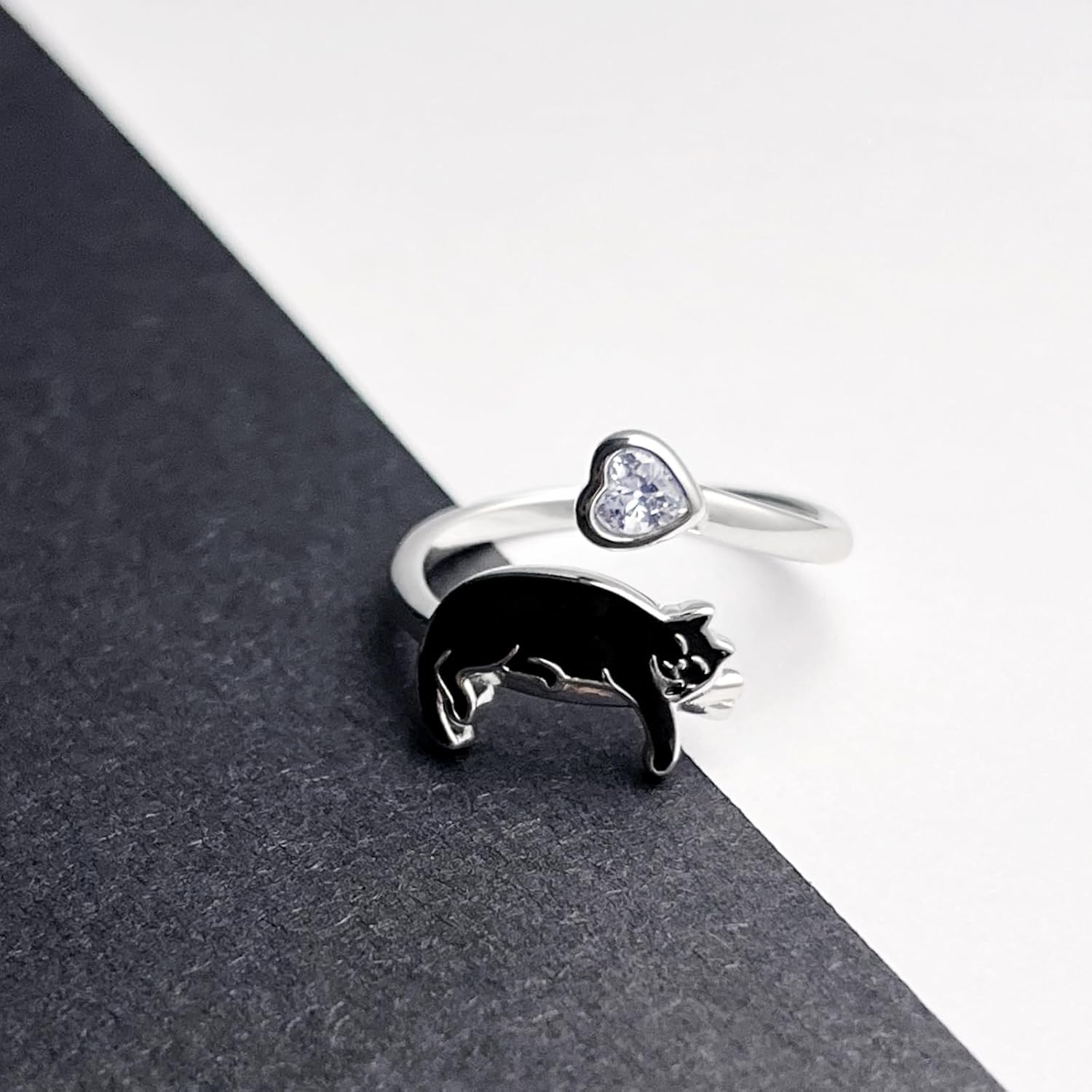 Sterling Silver Black Cat Ring - S925 Kitty Open Rings Cute Witch Jewelry Gifts for Women Pet Lover