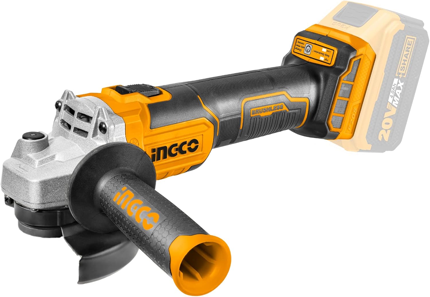 Ingco 115mm Cordless Angle Grinder with battery and side handle