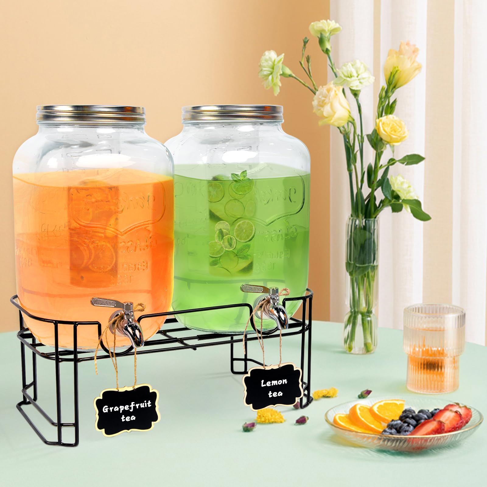 Glass Drink Dispenser with Stainless Steel Spigot,2Pack- 2 Gallon Beverage Dispenser with Stand for Party Iced Juice,Lemonade,Soda Container -with ice cylinder included (Oval)