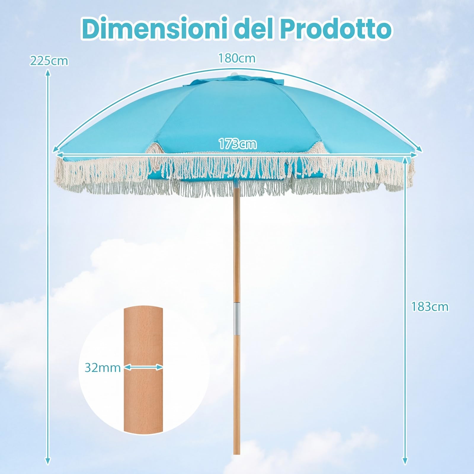 COSTWAY Ombrellone da Spiaggia 180 cm, Inclinabile Regolabile 30°, Palo in Legno, 8 Stecche in Fibra di Vetro, Ombrellone per Giardino, Piscina, Terrazza (Blu)