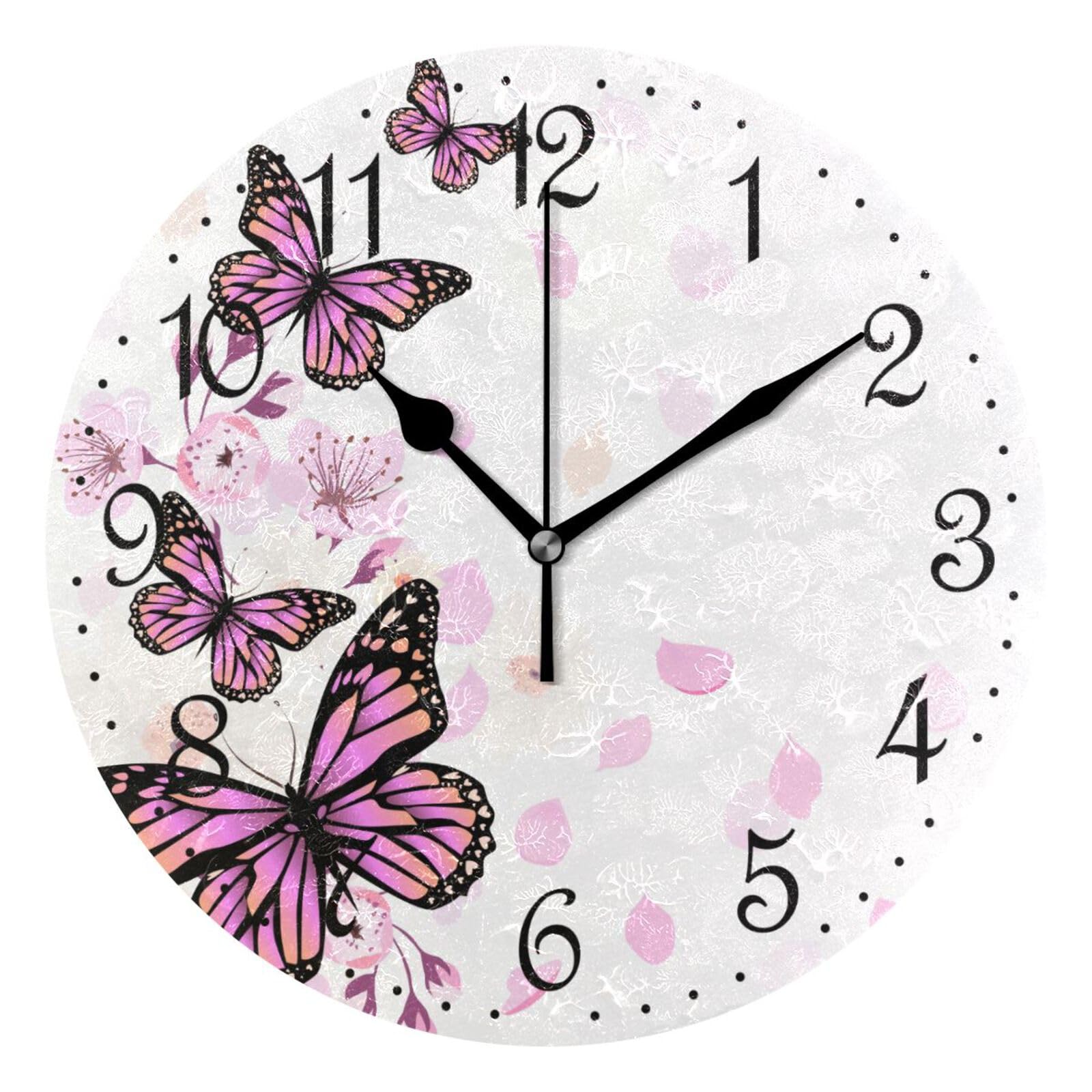 Mnsruu Wall Clock Pink Flowers Butterflies Silent Non-Ticking Decorative Wall Clocks Battery Operated 25x25cm for Home Living Room Kitchen Bathroom Bedroom