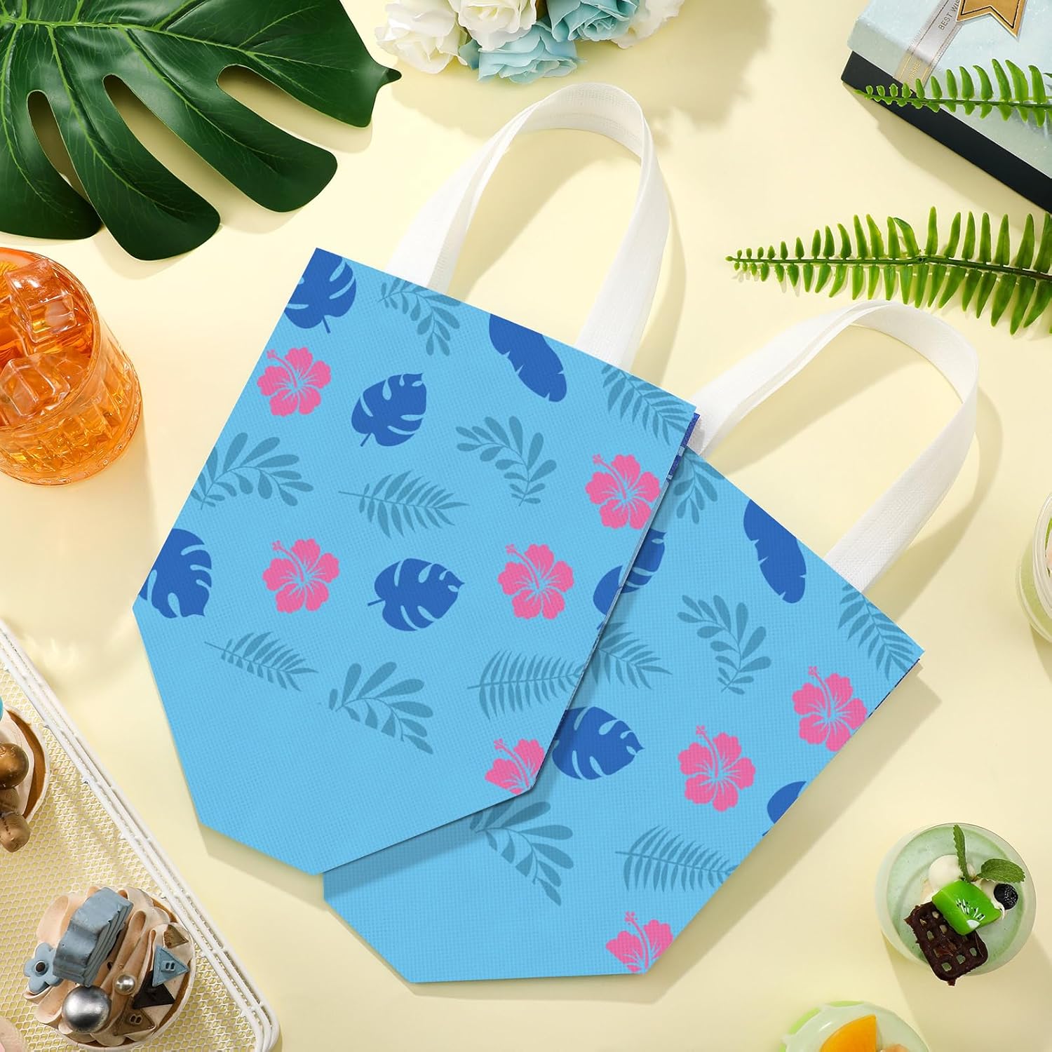 Sayglossy 48 Pcs Cute Cartoon Party Favor Gift Bags with Handle Cartoon Animation Non Woven Goodie Bags for Birthday Party Supplies Decorations(Hawaii Style)