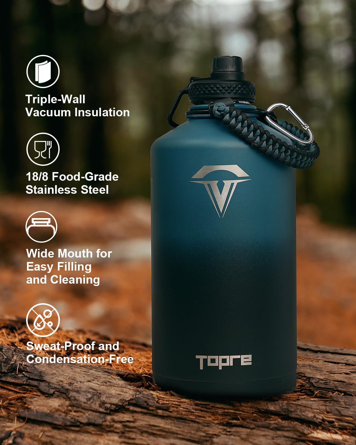 Topre 1 Gallonen-Wasserflasche, 3,6 l Isolierflasche, Edelstahl, Vakuum, kalt für 48 Stunden, BPA-frei und auslaufsicher, mit Paracord-Griff, Riemen, Strohhalm-Deckel, großer Krug für Fitnessstudio,