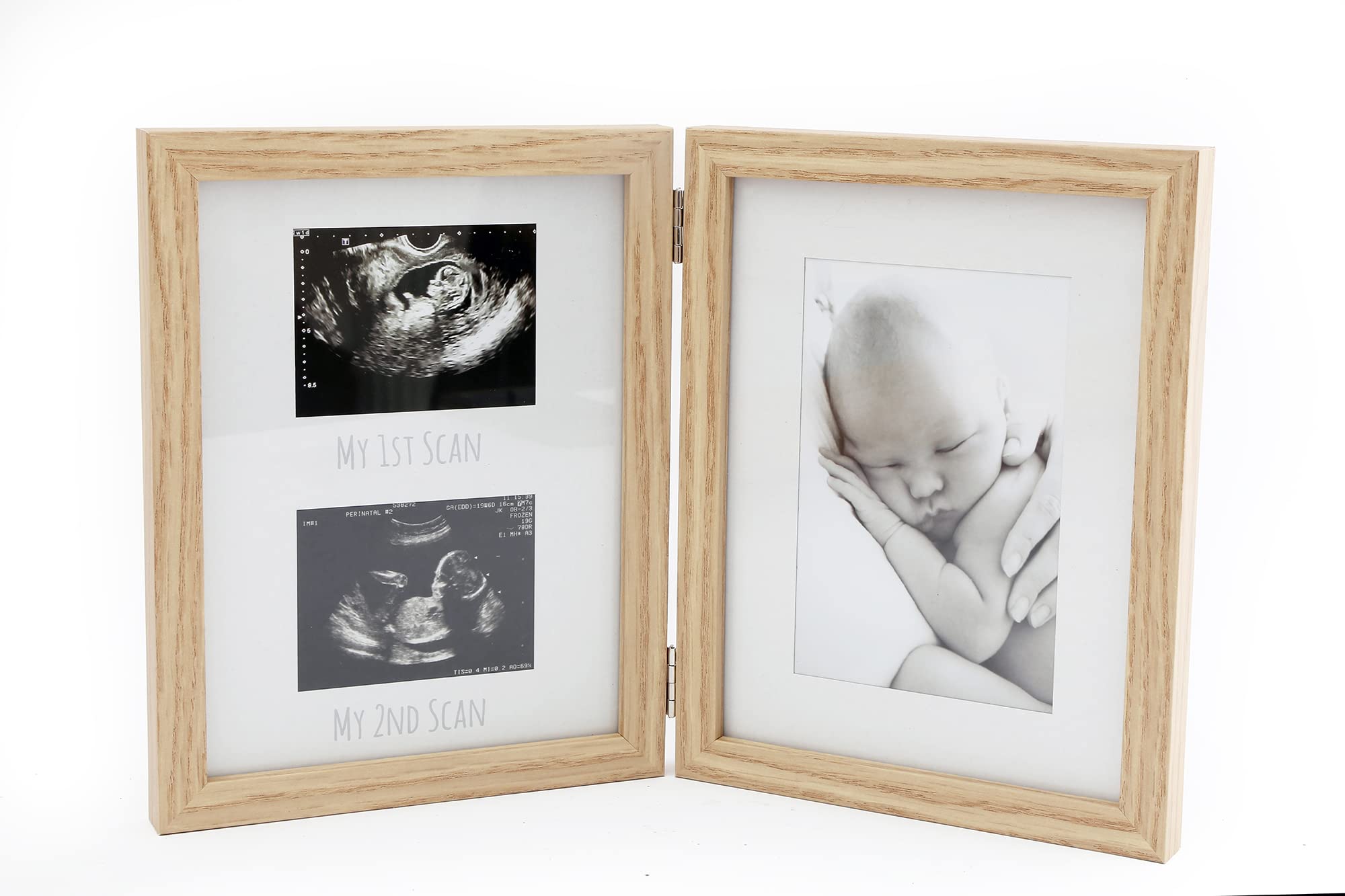 pf+a REAL GLASS Neutral Oak Baby Scan Photo Frame 3 Picture - Frame For 1st, 2nd Scans and 6x4 Photograph