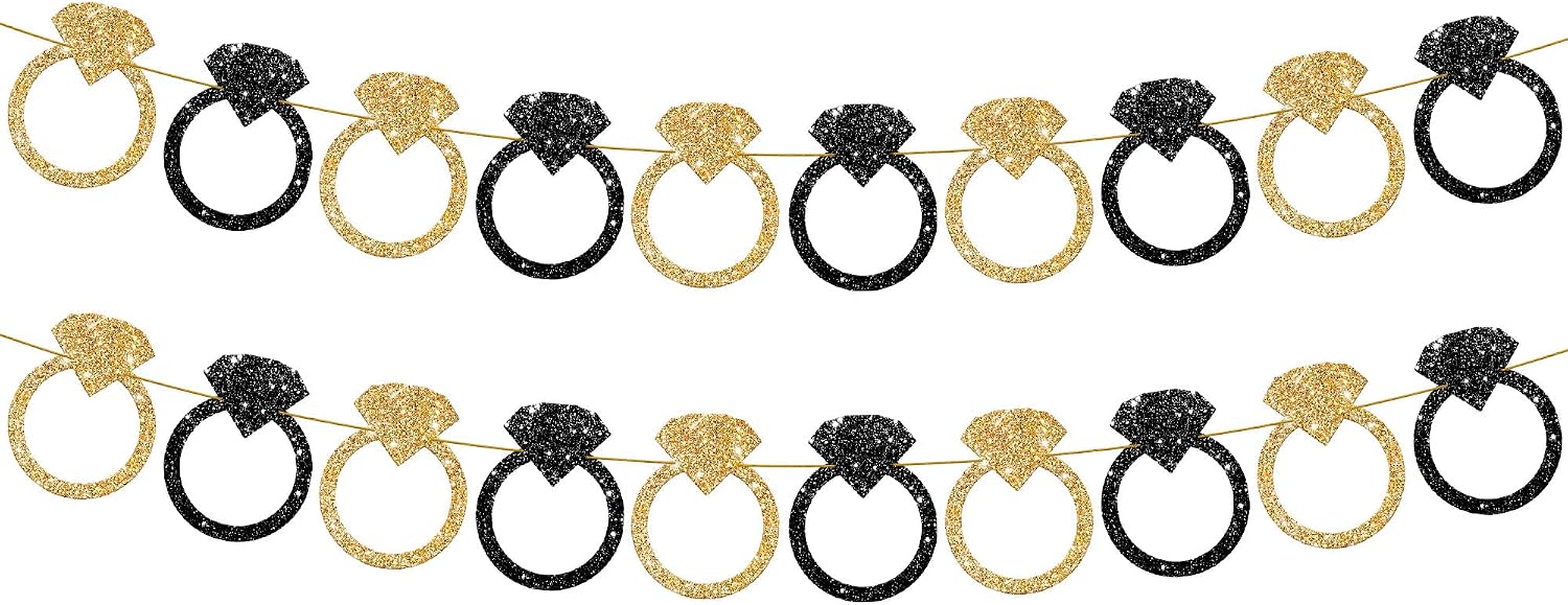 KatchOn, Black and Gold Engagement Ring Banner - 10 Feet, Pre-Strung | Bachelorette Party Decorations | Engagement Banner | Black and Gold Bridal Shower Decorations | Engagement Party Decor