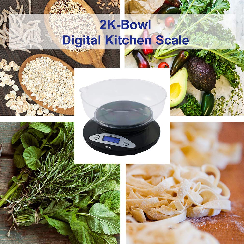 Digital kitchen scale weighing grapes in its removable bowl